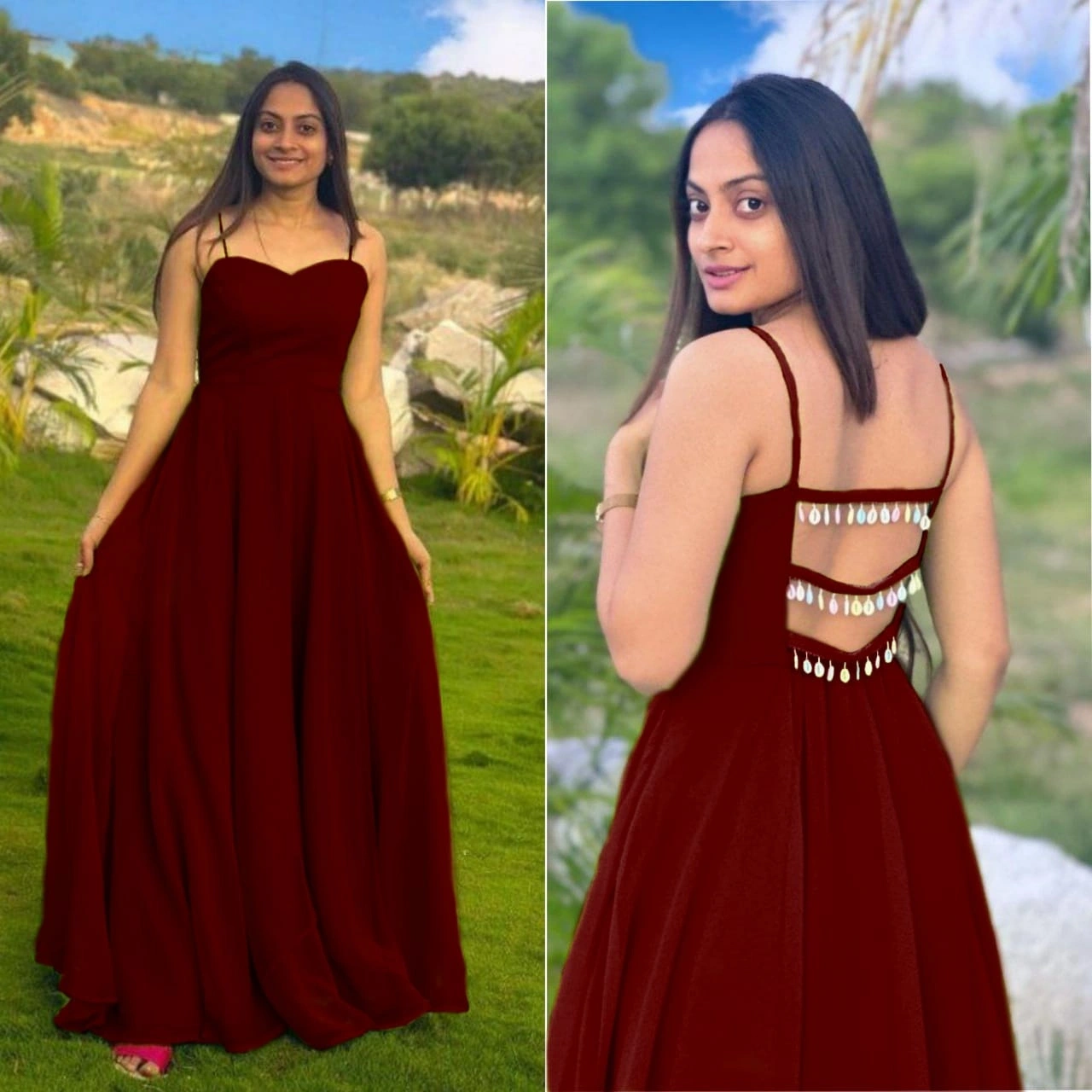 Stunning Heavy Georgette Gown with Fancy Back Pattern-PRI-2666-Maroon-XXS