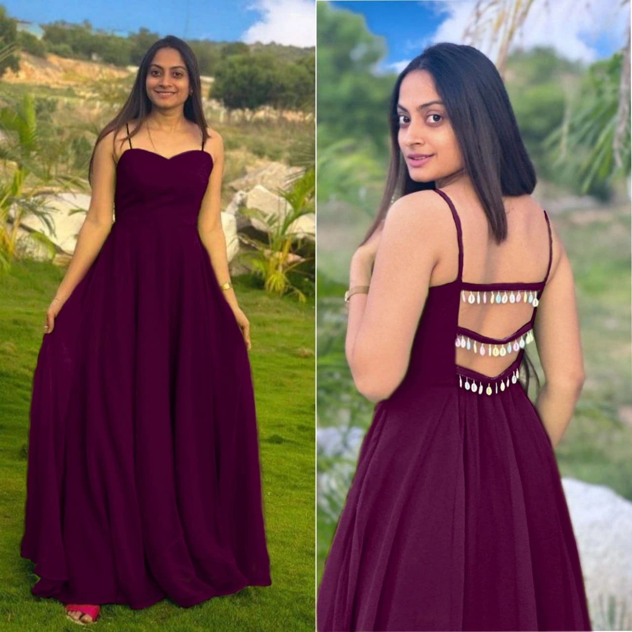 Stunning Heavy Georgette Gown with Fancy Back Pattern-PRI-2666-Wine-XXS