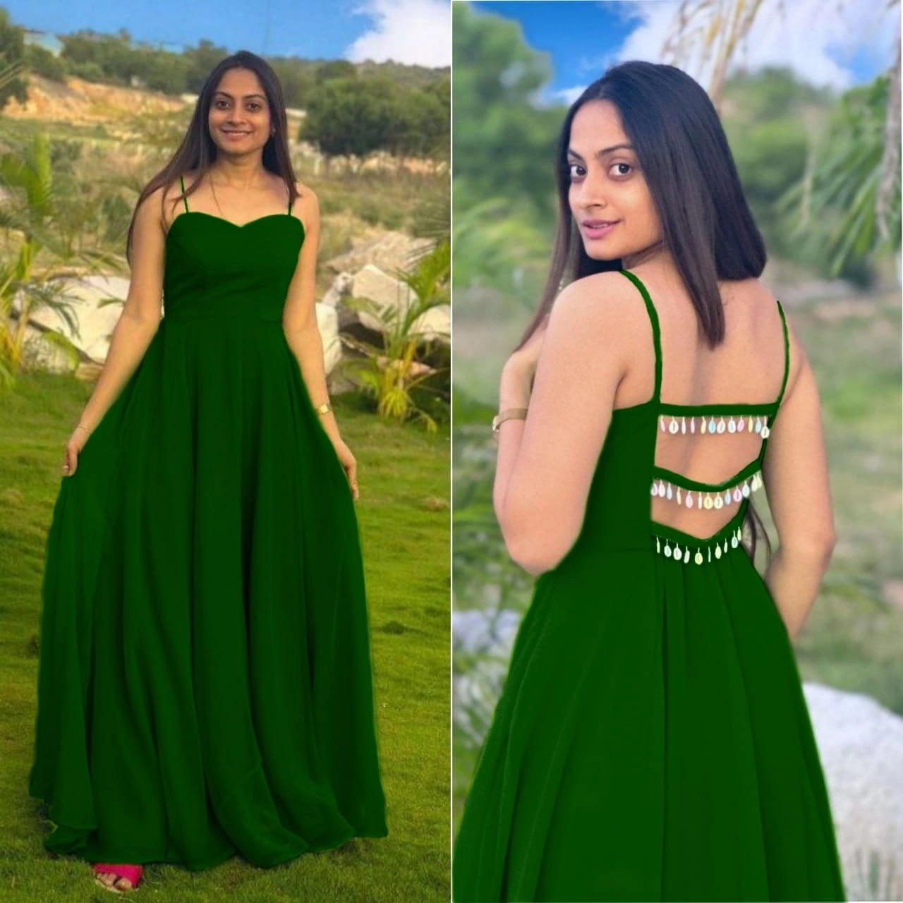 Stunning Heavy Georgette Gown with Fancy Back Pattern-PRI-2666-Green-XXS