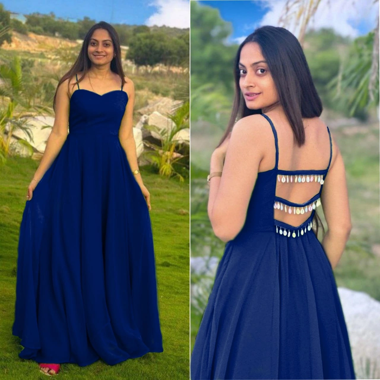 Stunning Heavy Georgette Gown with Fancy Back Pattern-Navy Blue-XS-1