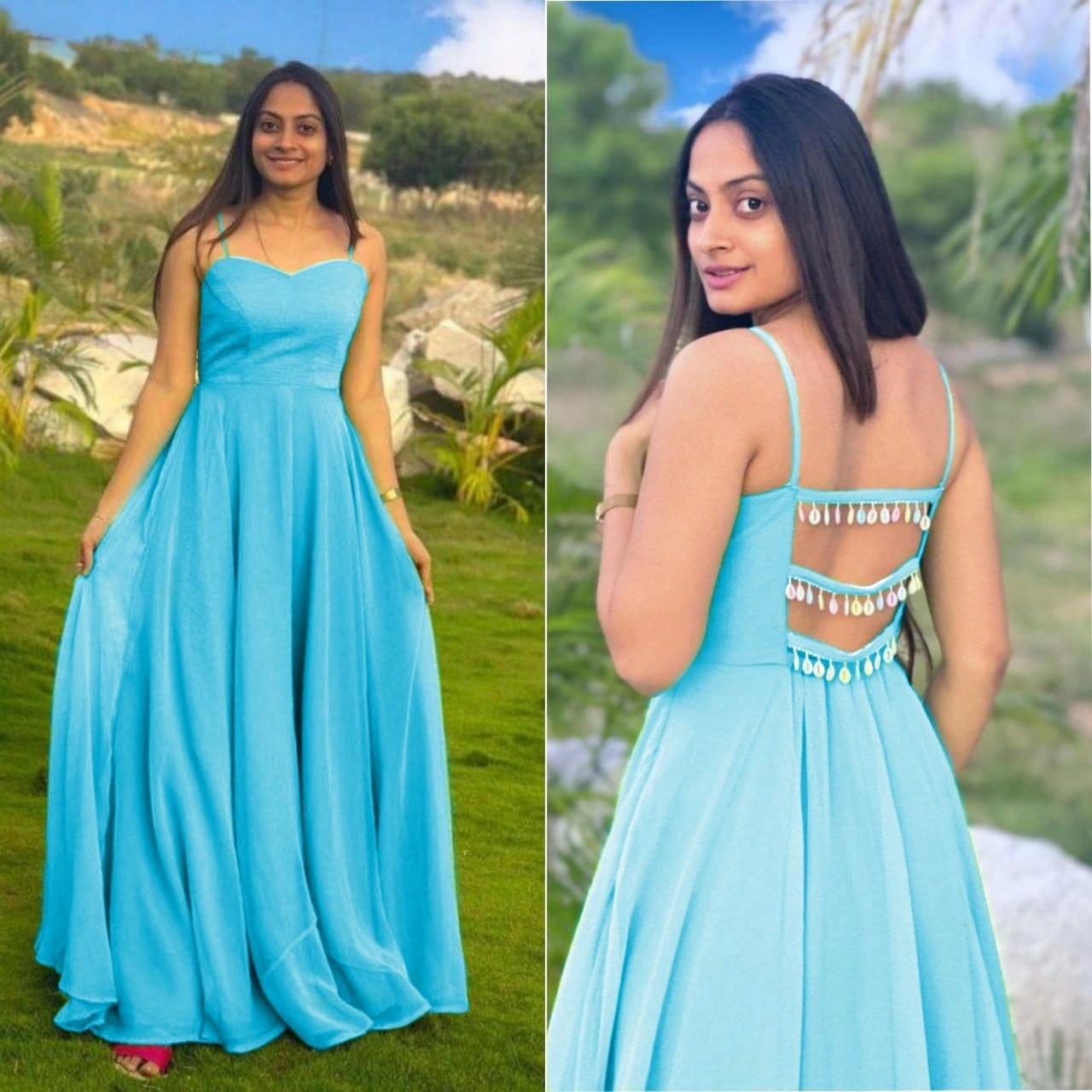 Stunning Heavy Georgette Gown with Fancy Back Pattern-PRI-2666-SkyBlue-XXS