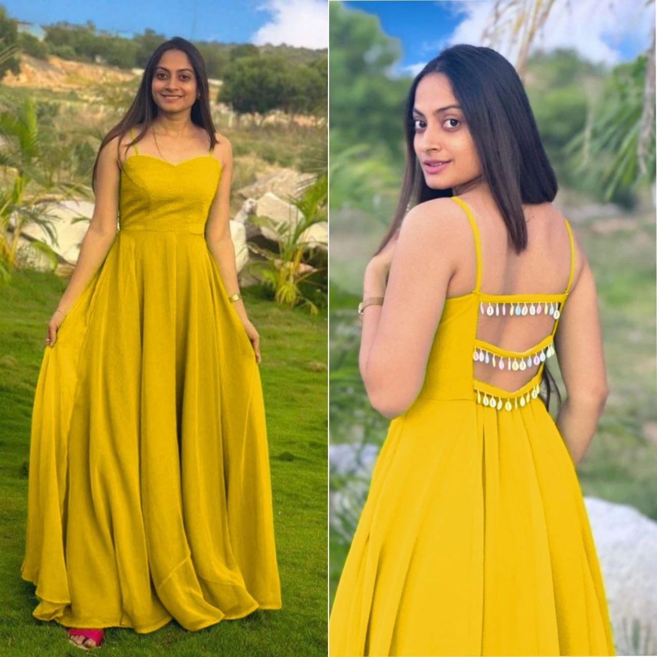 Stunning Heavy Georgette Gown with Fancy Back Pattern-PRI-2666-Yellow-XXS