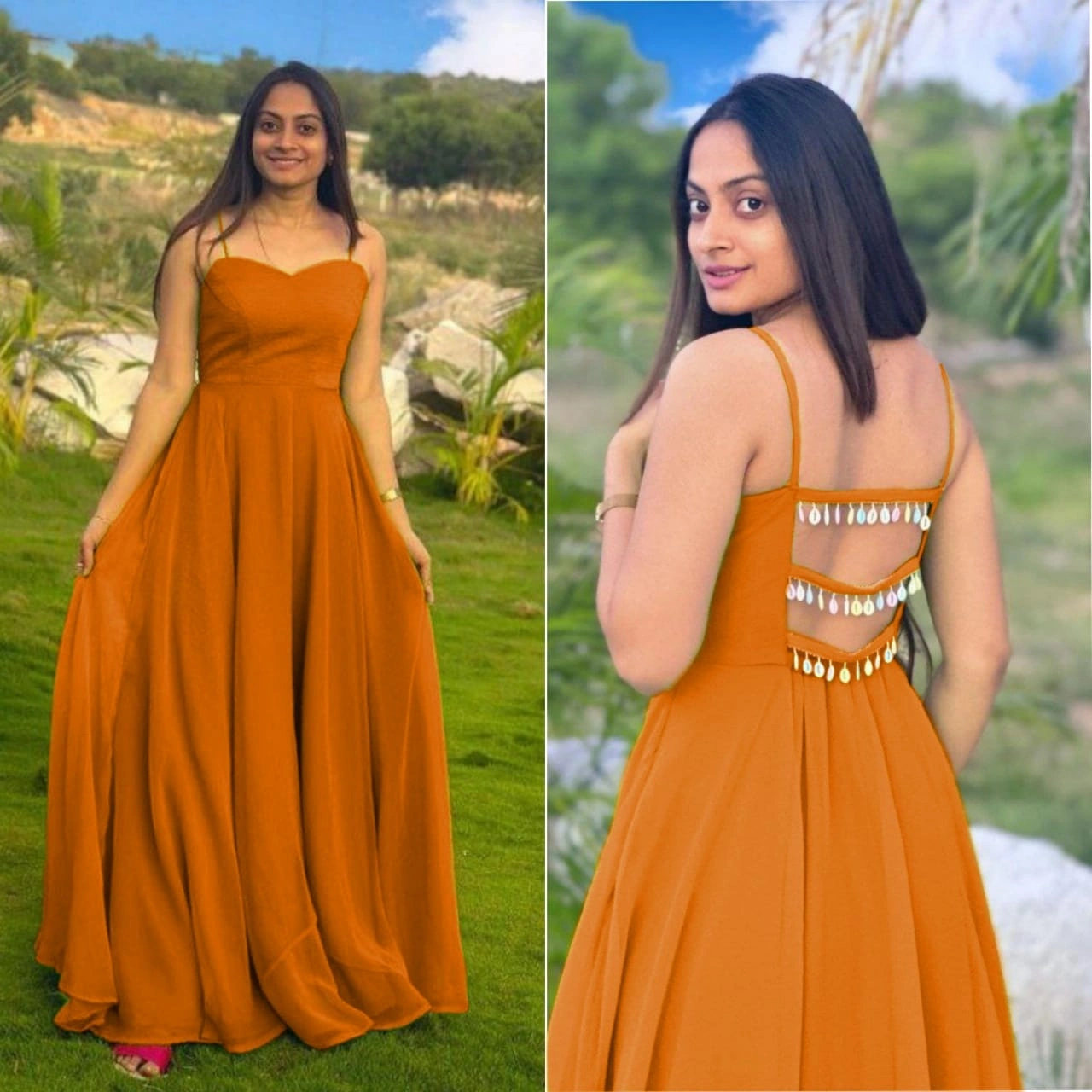 Stunning Heavy Georgette Gown with Fancy Back Pattern-PRI-2666-Orange-XXS