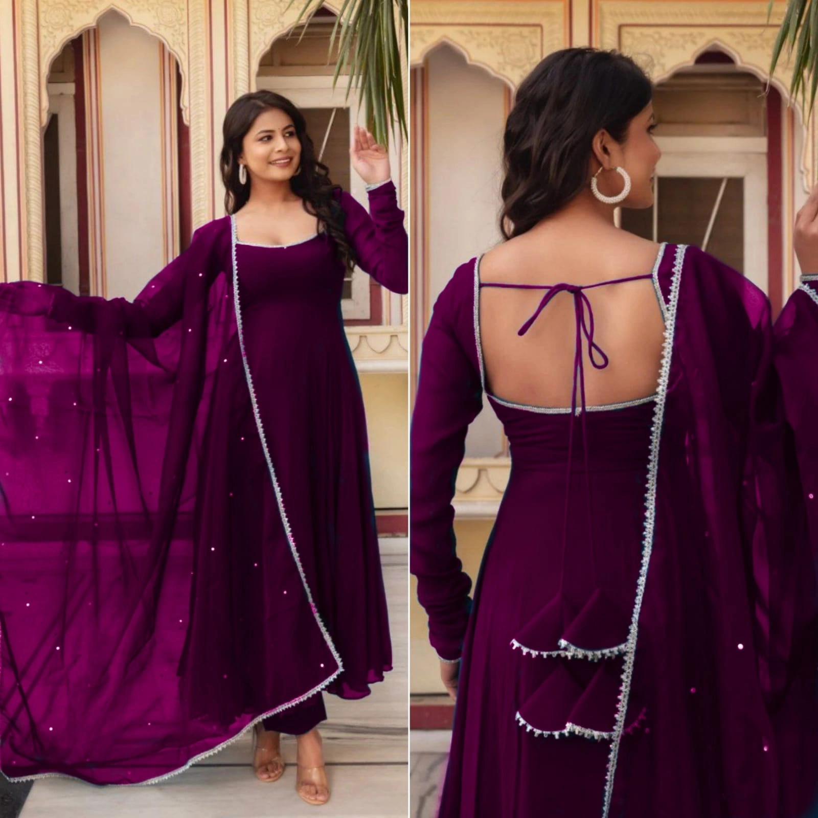 Stunning Heavy Georgette Gown with Fancy Nack Pattern and Tassel Details-PRI-2952-Wine-XXS