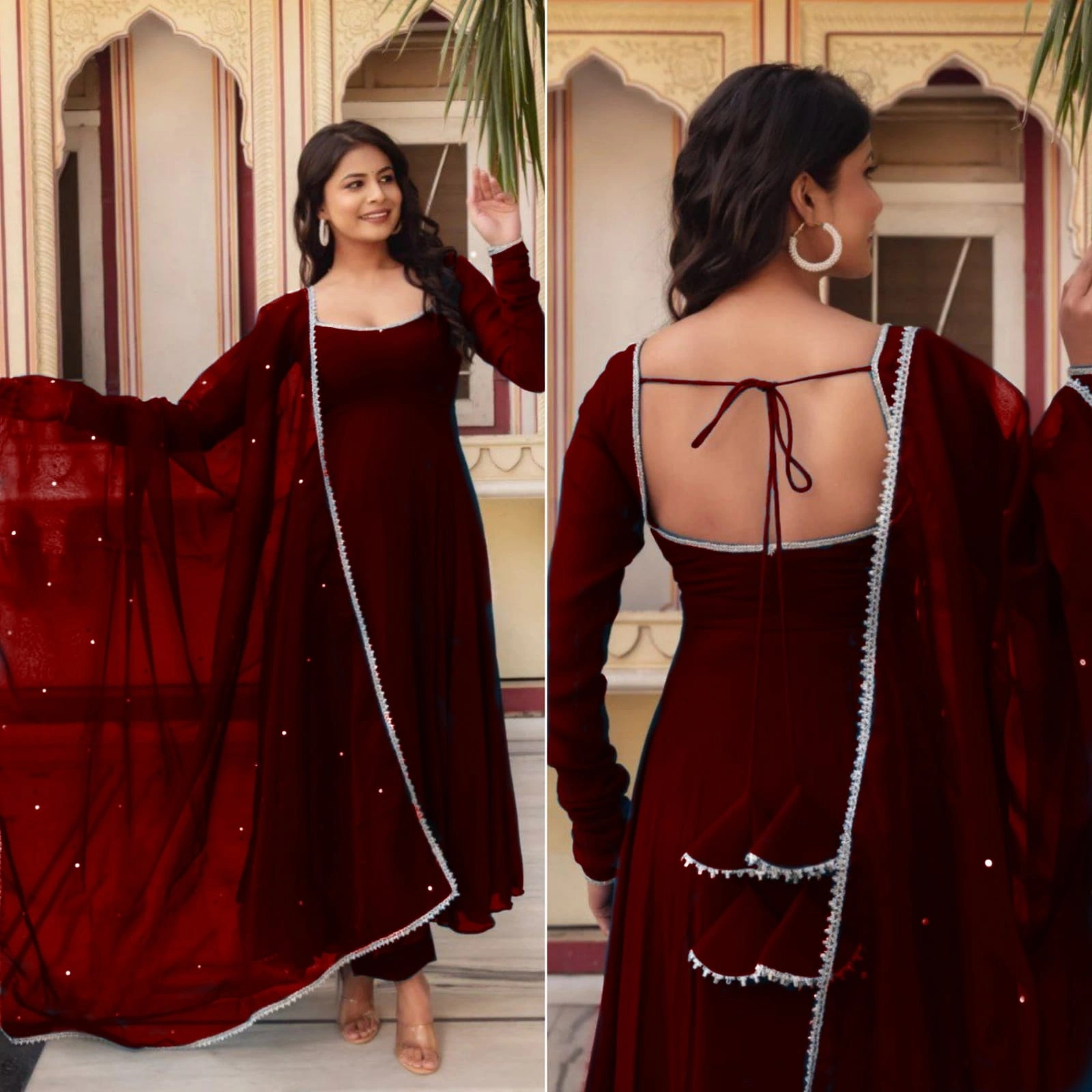 Stunning Heavy Georgette Gown with Fancy Nack Pattern and Tassel Details-Maroon-XL-1