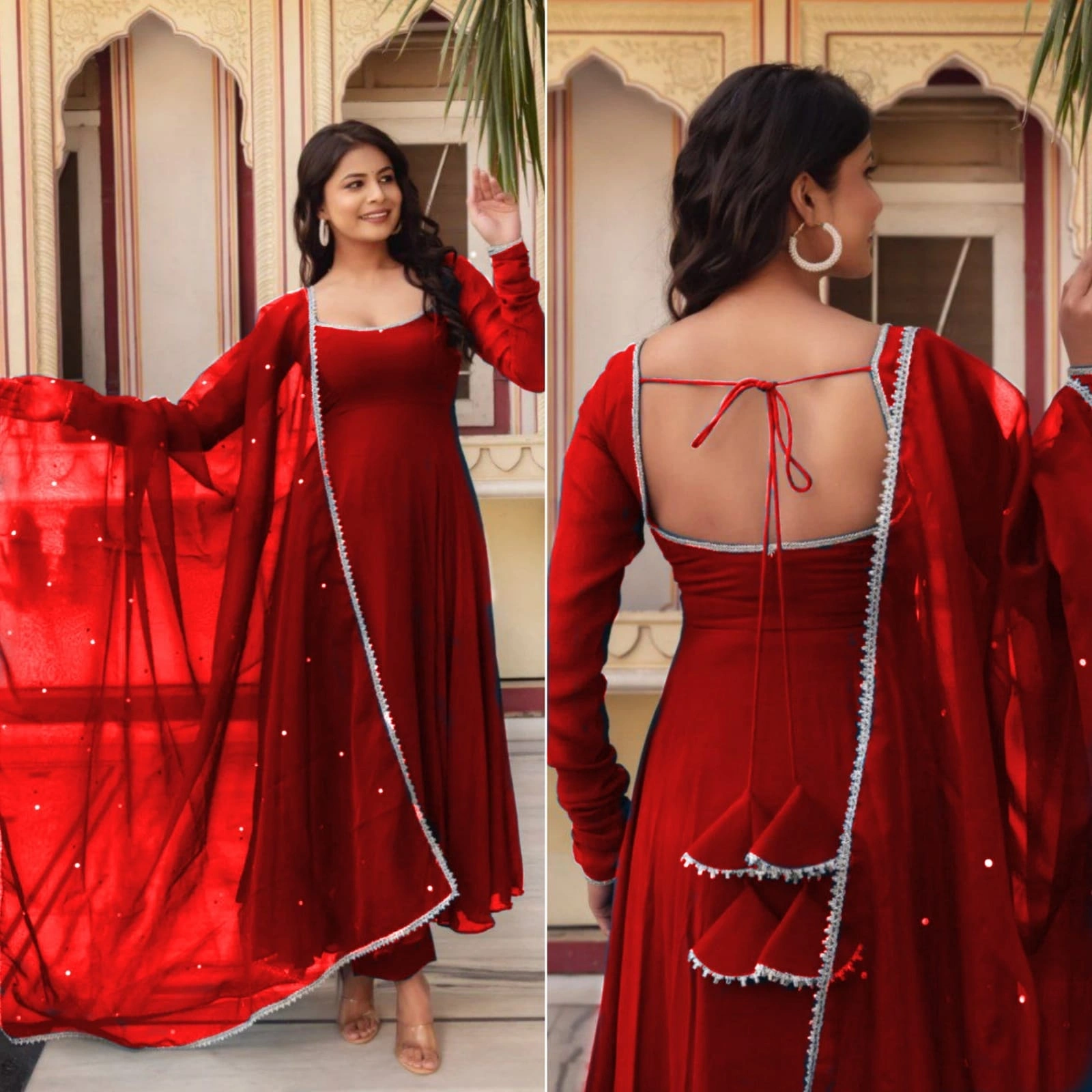 Stunning Heavy Georgette Gown with Fancy Nack Pattern and Tassel Details-Red-XL-1