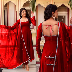 Stunning Heavy Georgette Gown with Fancy Nack Pattern and Tassel Details
