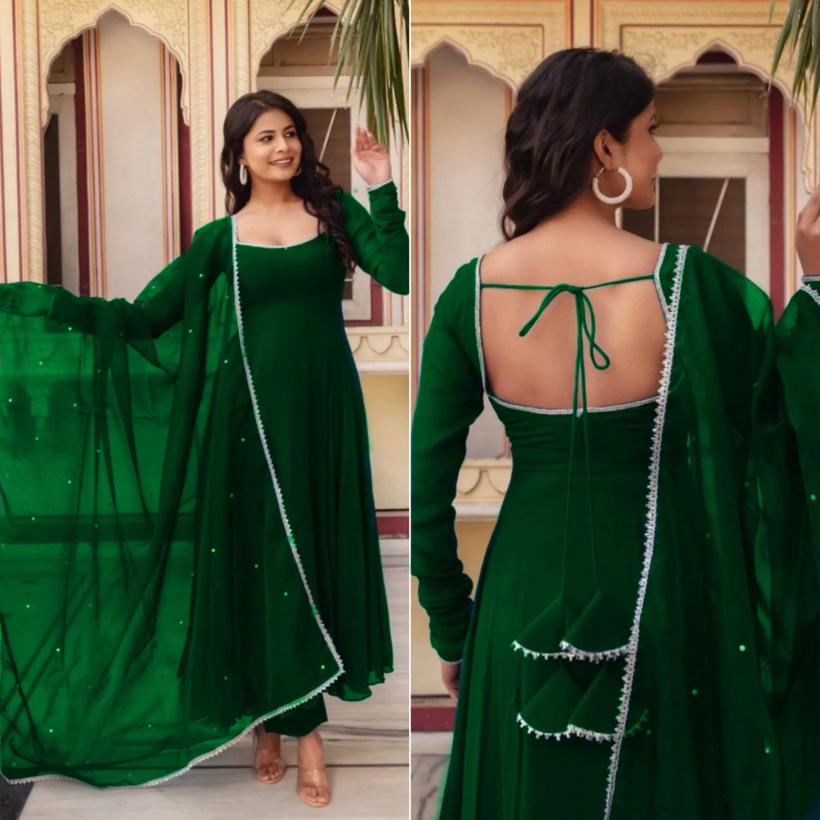 Stunning Heavy Georgette Gown with Fancy Nack Pattern and Tassel Details-Green-XL-1