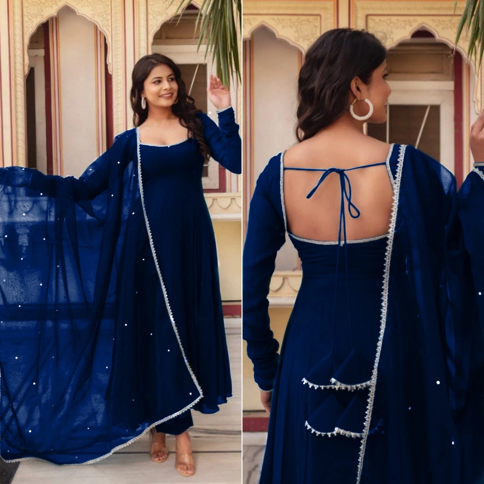 Stunning Heavy Georgette Gown with Fancy Nack Pattern and Tassel Details-Navy Blue-XS-1