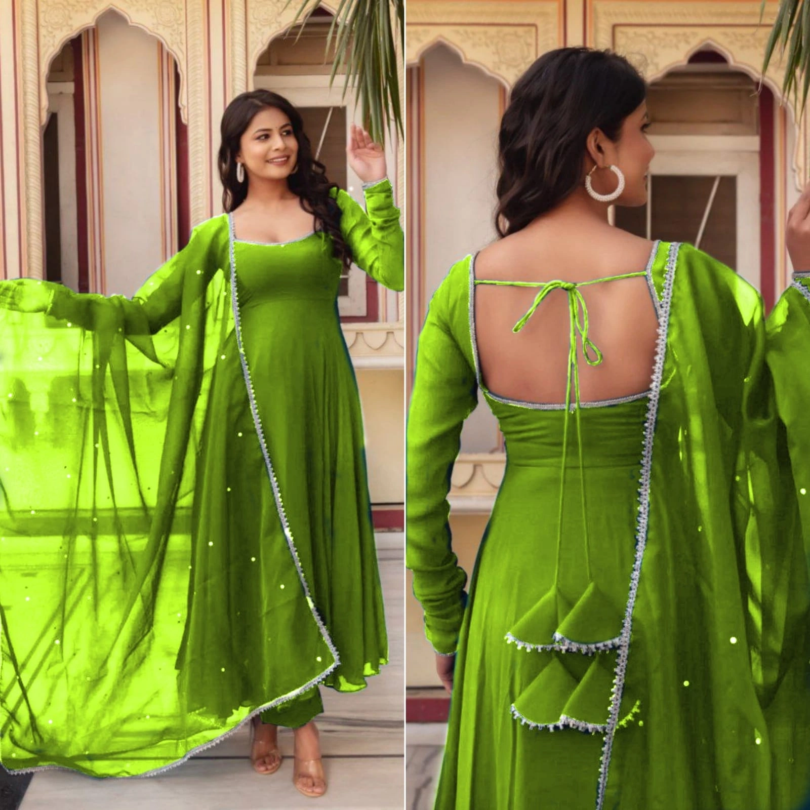 Stunning Heavy Georgette Gown with Fancy Nack Pattern and Tassel Details-PRI-2952-Pista-S