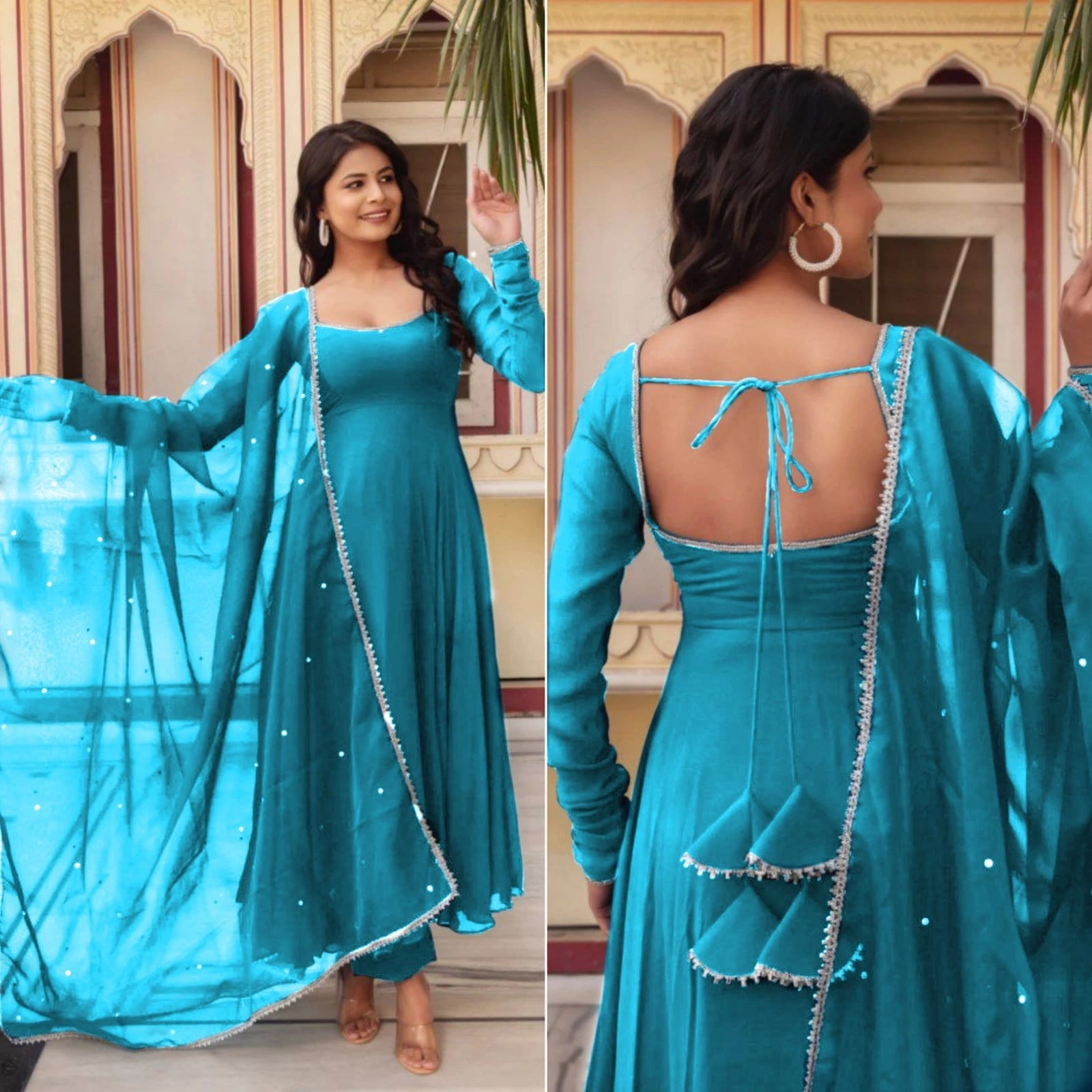 Stunning Heavy Georgette Gown with Fancy Nack Pattern and Tassel Details-Sky Blue-XS-1