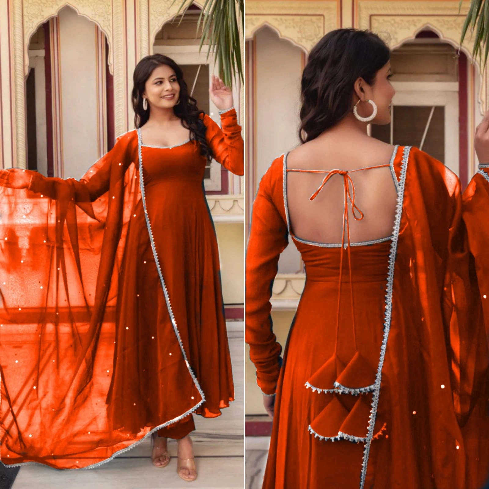 Stunning Heavy Georgette Gown with Fancy Nack Pattern and Tassel Details-Orange-XS-1