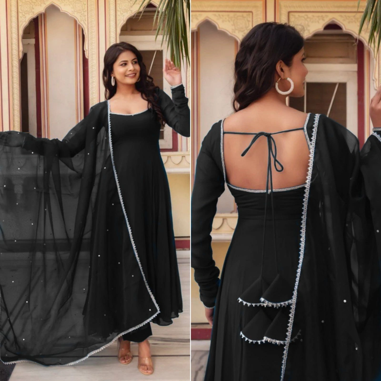 Stunning Heavy Georgette Gown with Fancy Nack Pattern and Tassel Details-PRI-2952-Black-XXS