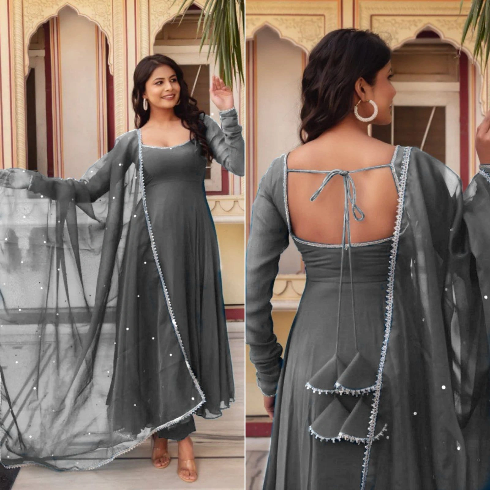 Stunning Heavy Georgette Gown with Fancy Nack Pattern and Tassel Details-Grey-XL-2