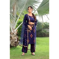 Embroidered Rayon Kurti Set with Matching Pants and Net Dupatta