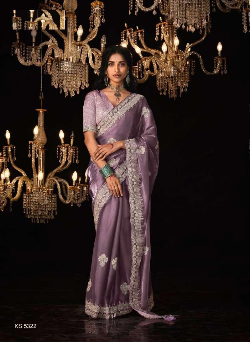 Shimmering Crystal Silk Saree: Sequin Embroidered with Matching Blouse-RRS-35-Lavender