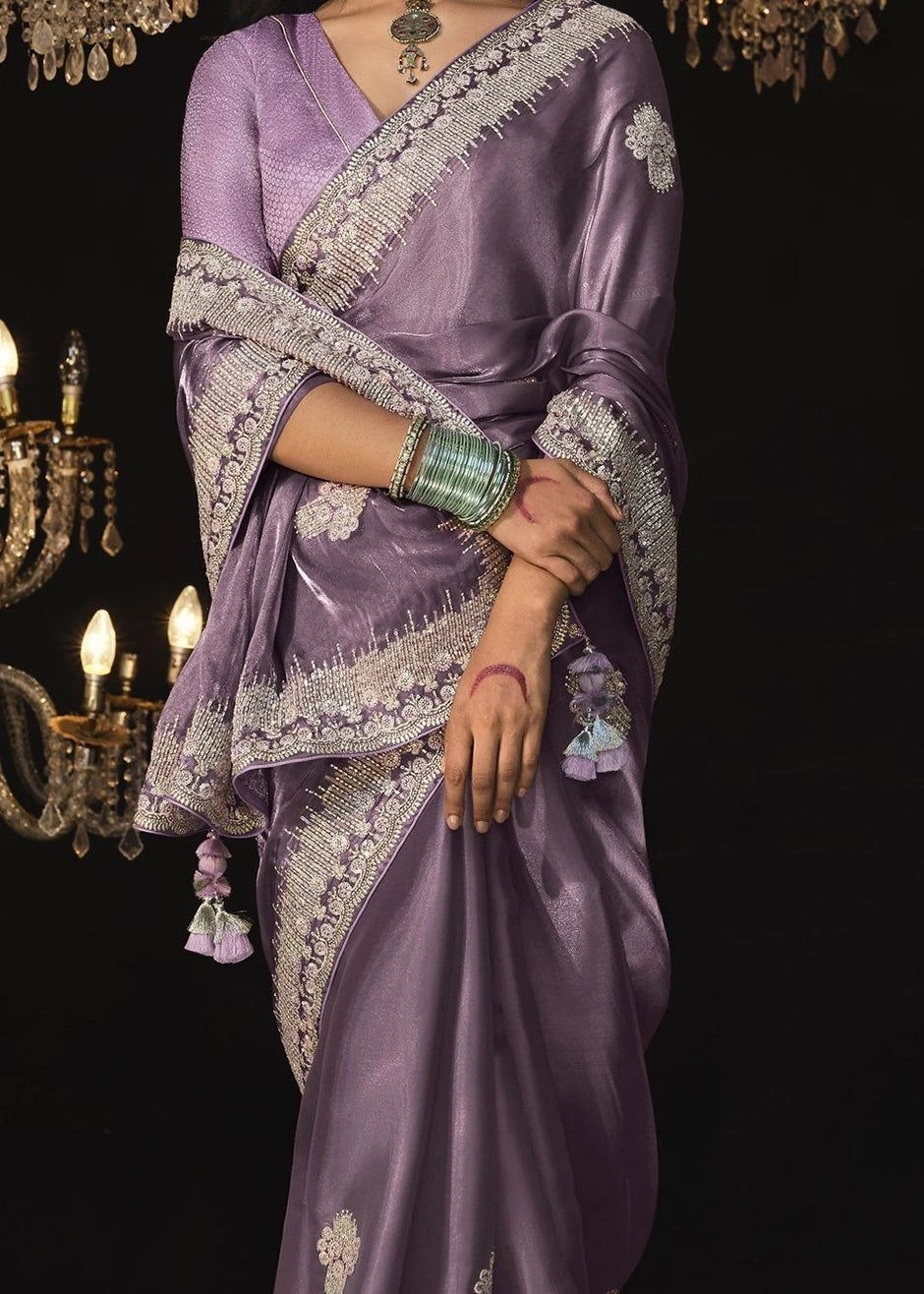 Shimmering Crystal Silk Saree: Sequin Embroidered with Matching Blouse-Lavender-2