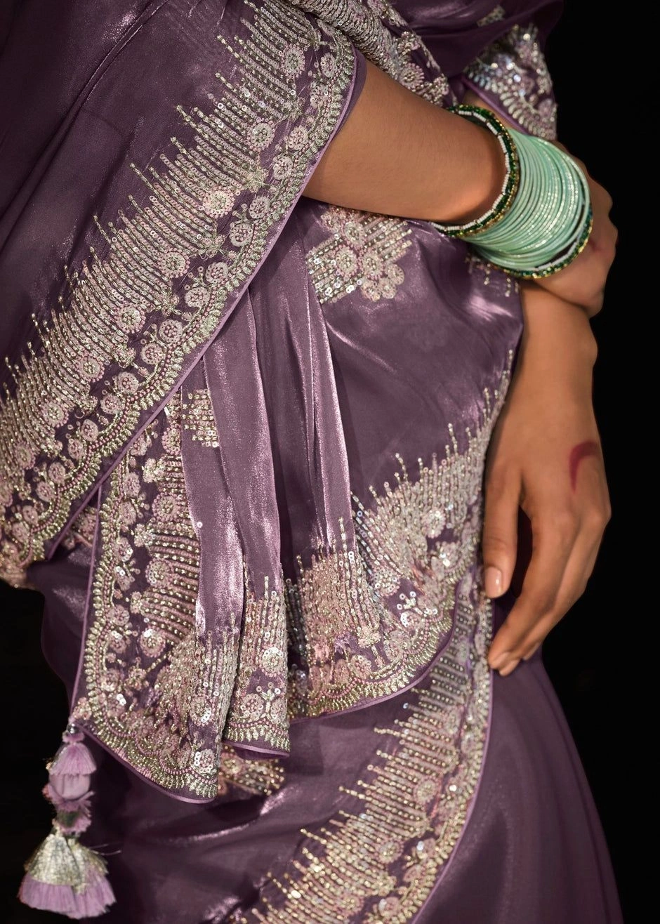 Shimmering Crystal Silk Saree: Sequin Embroidered with Matching Blouse-Lavender-3