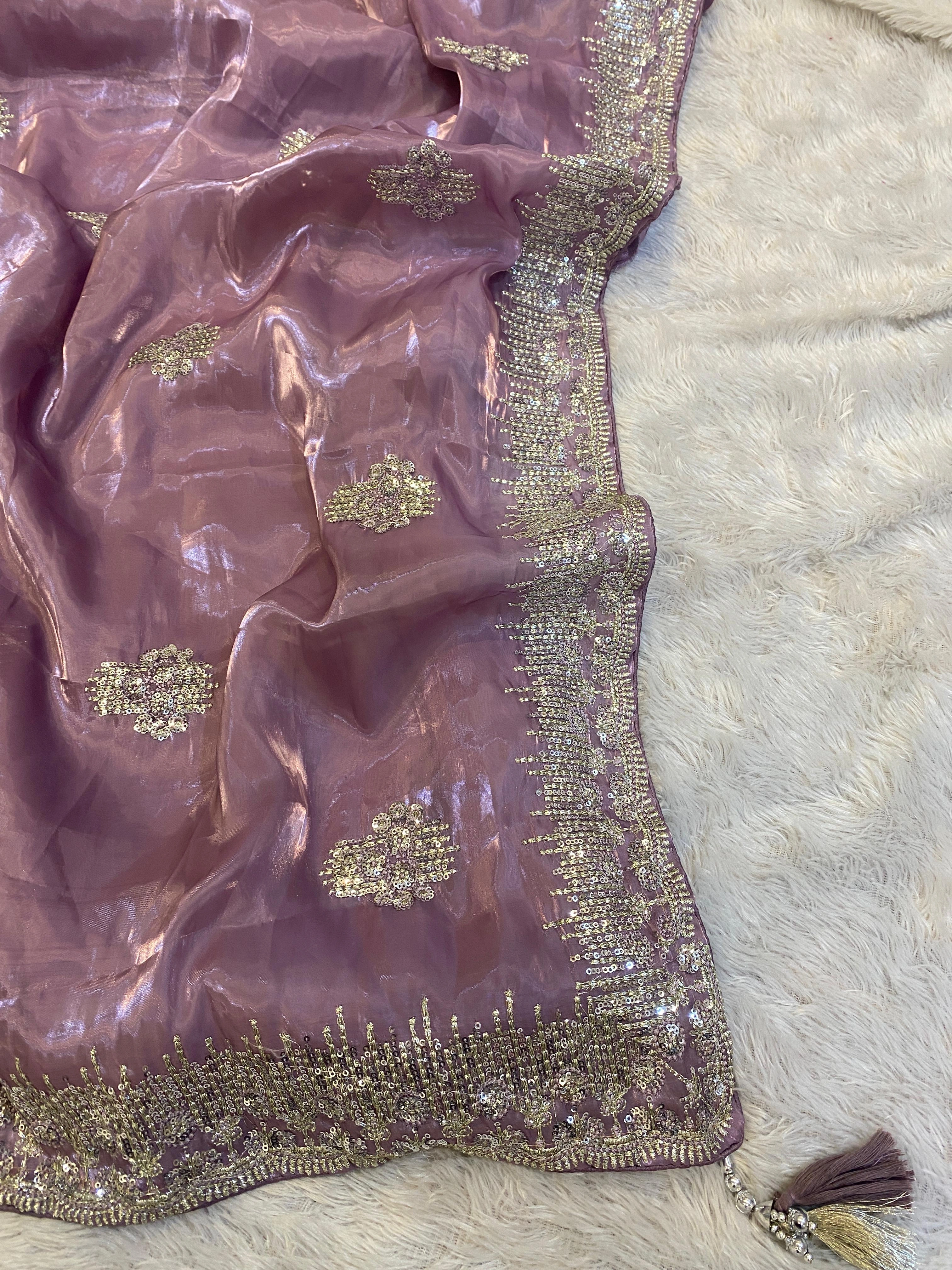 Shimmering Crystal Silk Saree: Sequin Embroidered with Matching Blouse-Lavender-5