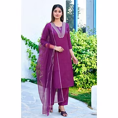 Stylish Cotton Blend Kurta Set with Embroidery and Soft Net Dupatta