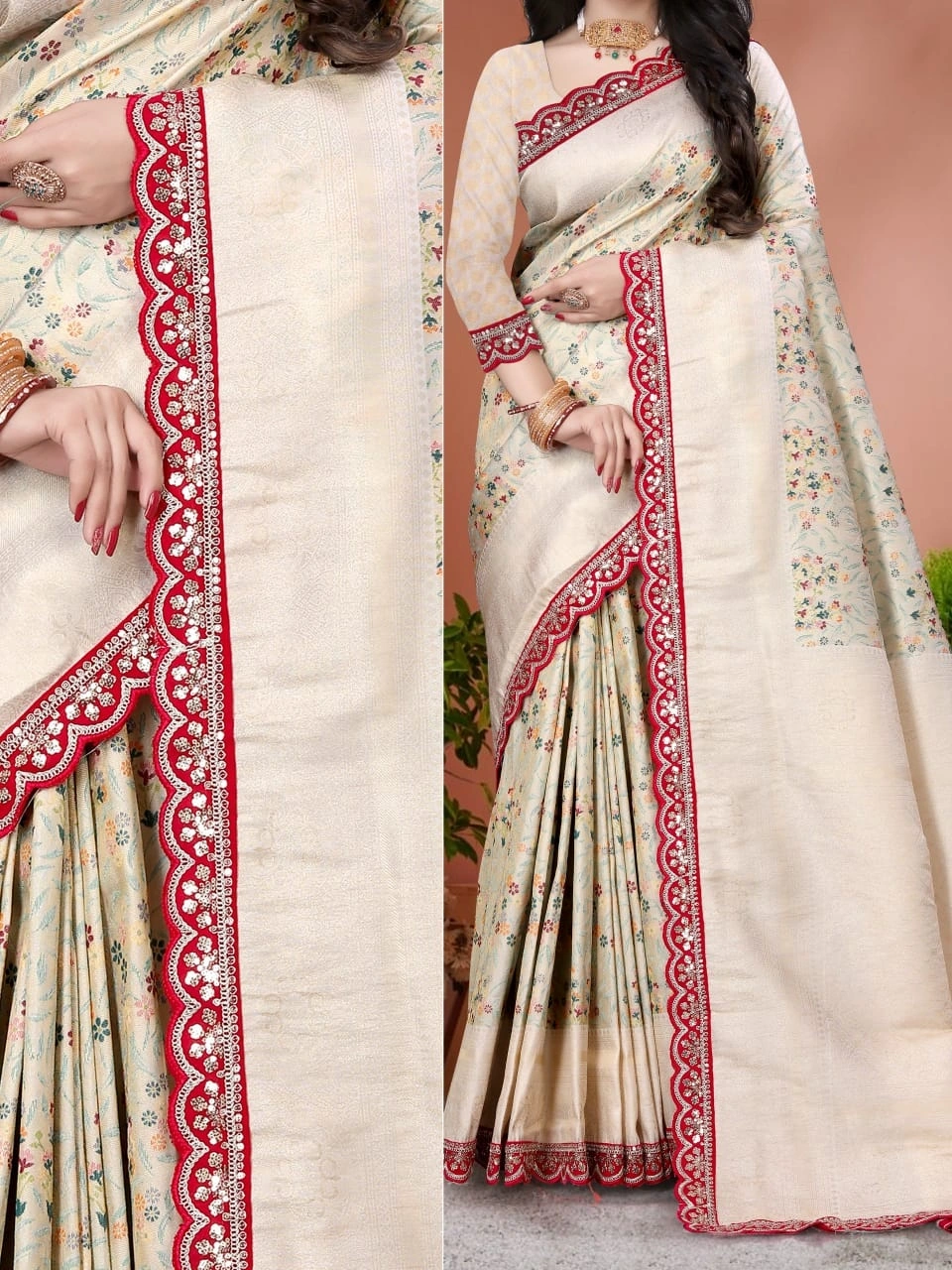 Embossed Silk Saree with Rich Zari Weaving and Scallop Border-ANT-49-Rani