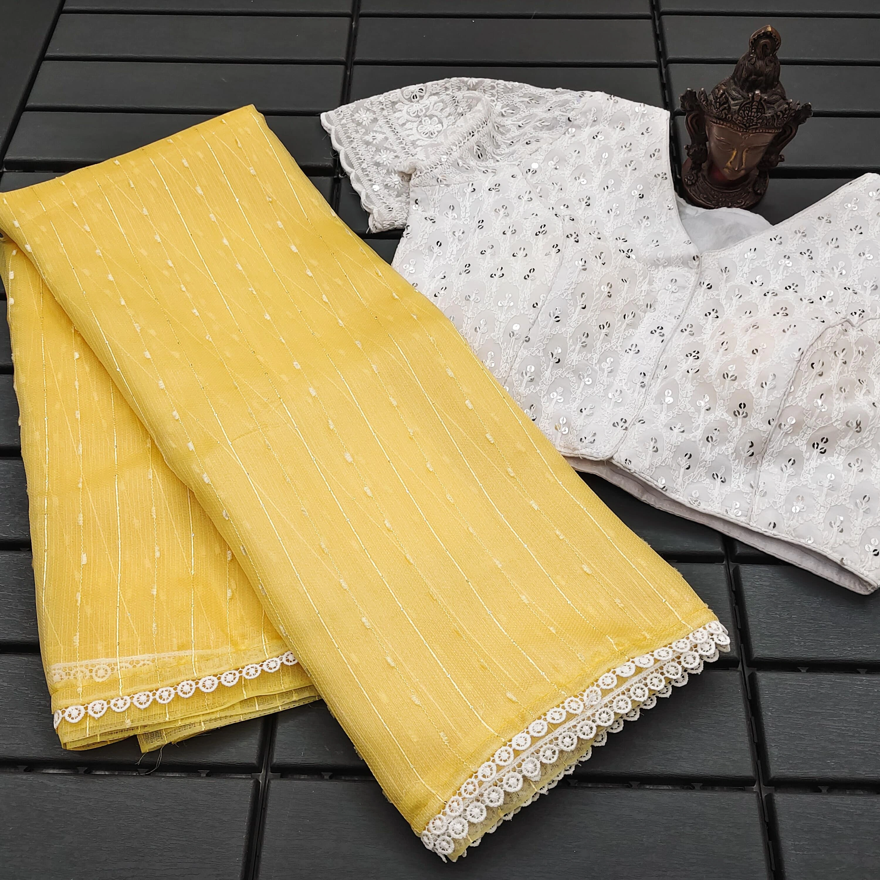 Soft Silk Saree: Elegant Border, Stunning Lukhnowi Work Blouse-RGK-23-Yellow