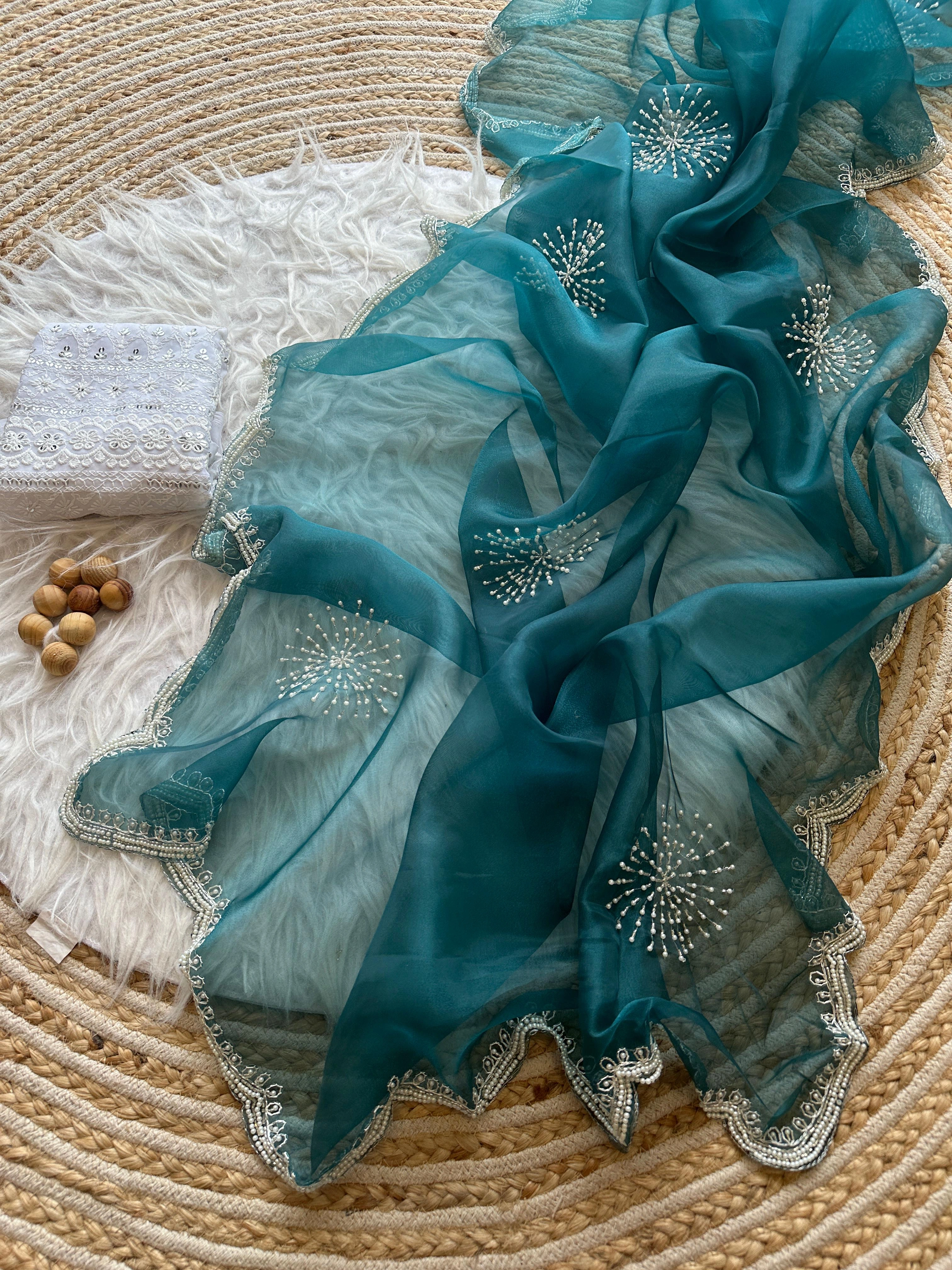 Handcrafted Organza Saree: Exquisite Cutwork &amp; Pearl Embellishments - Anika-Rama-1