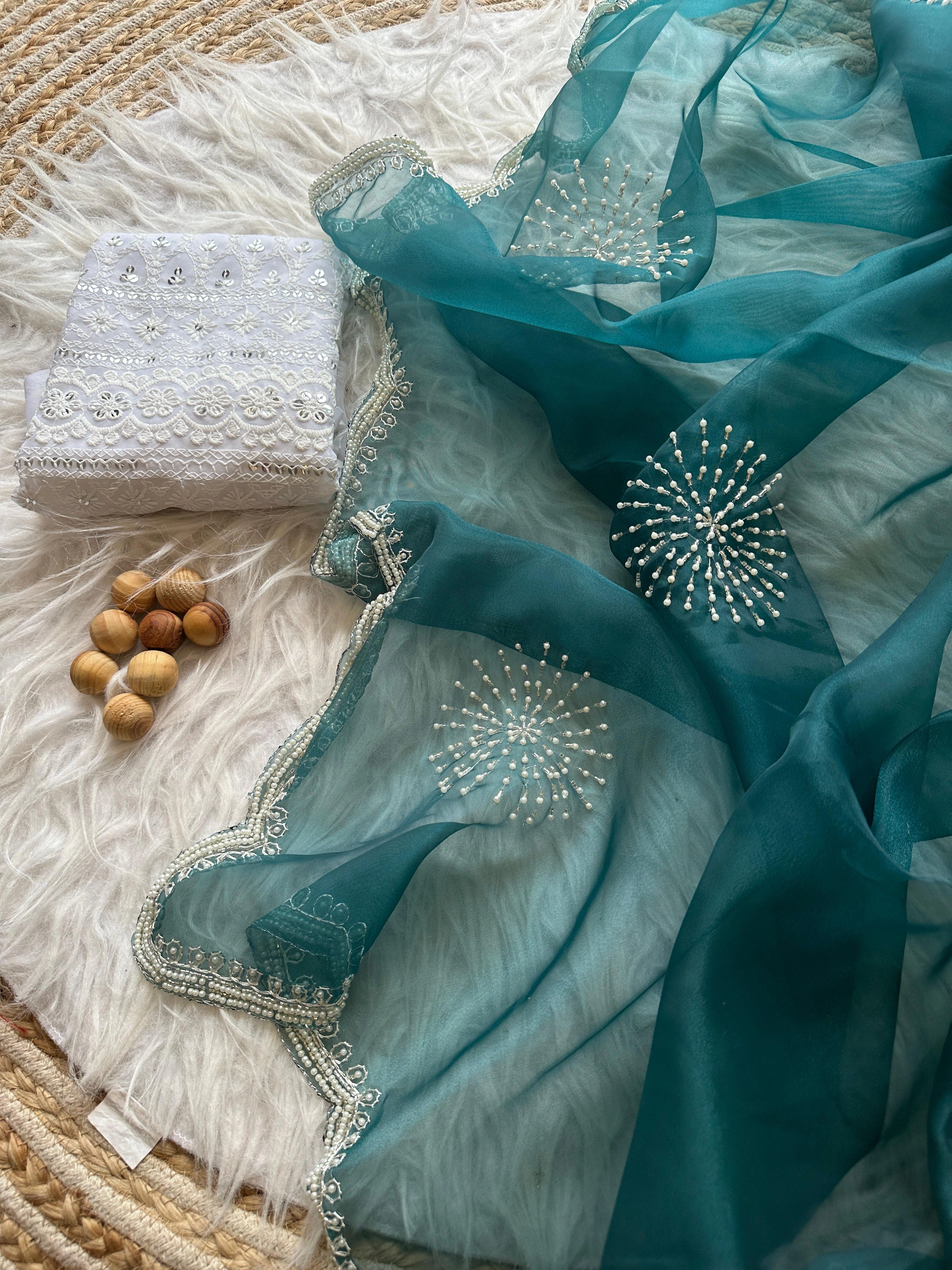 Handcrafted Organza Saree: Exquisite Cutwork &amp; Pearl Embellishments - Anika-Rama-2