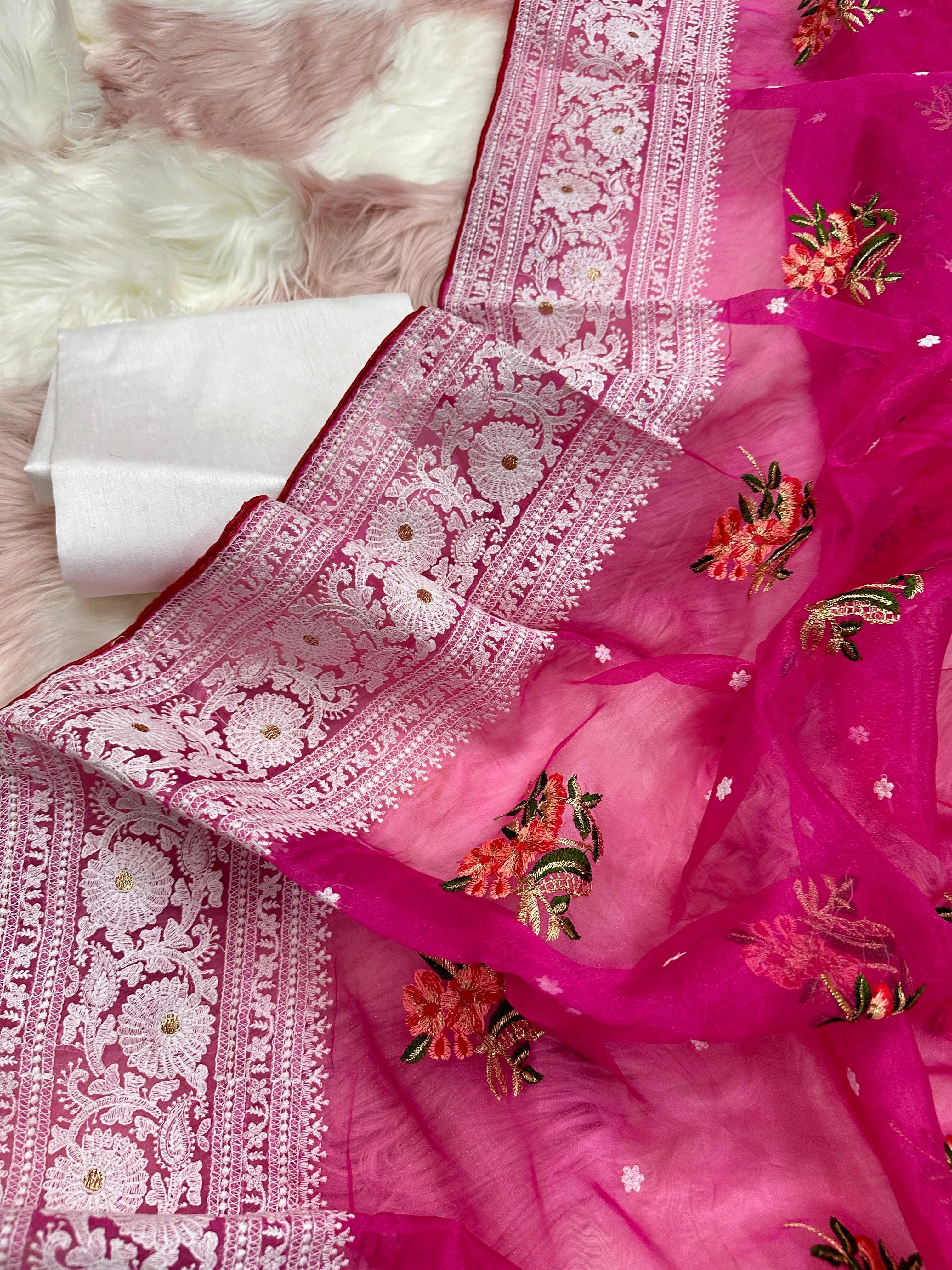 Refined Organza Silk Saree with Intricate Chikankari Embroidery-Rani-1