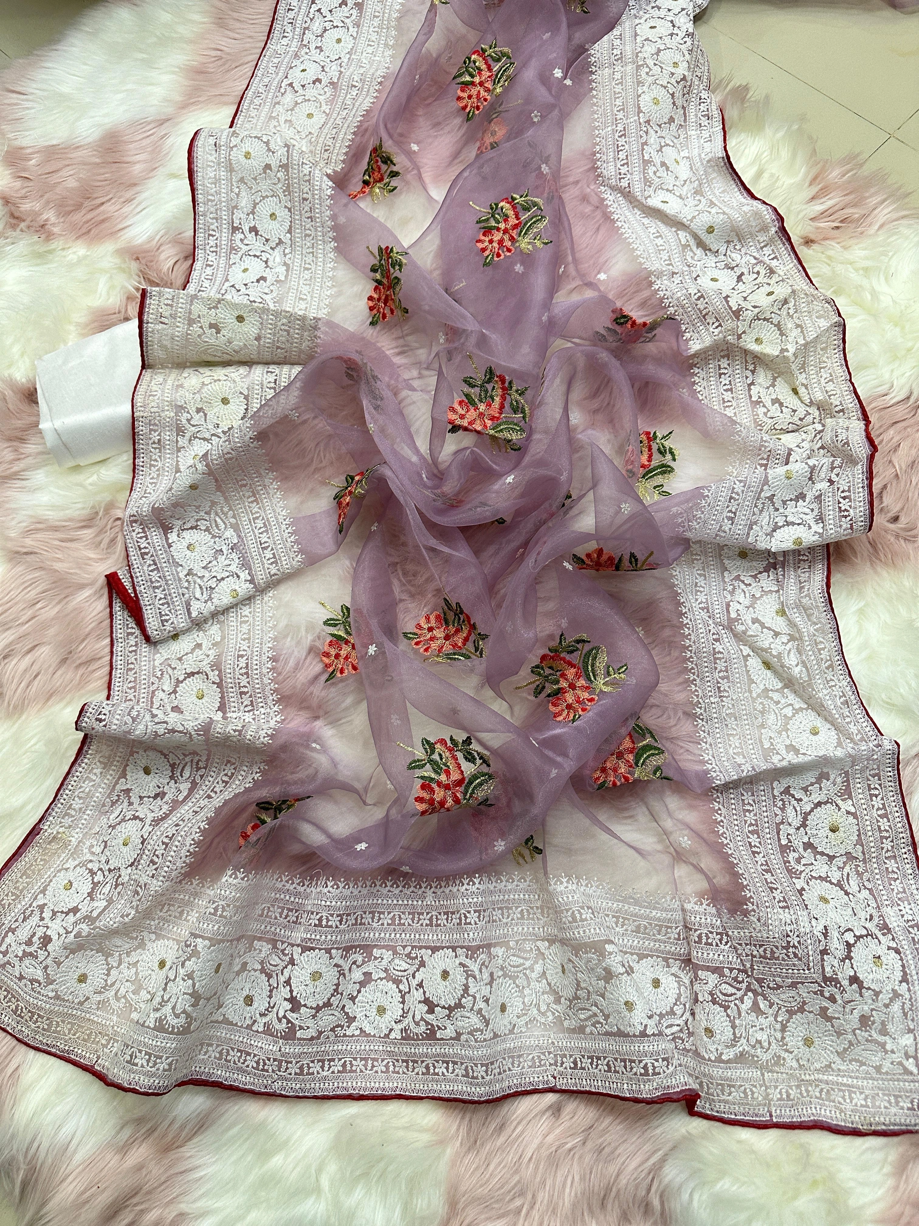 Refined Organza Silk Saree with Intricate Chikankari Embroidery-Lavender-1