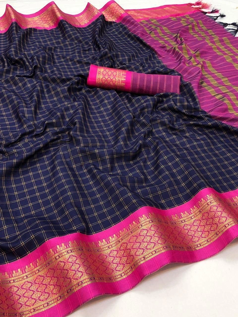 Heavy Cotton Silk Saree with Rich Jacquard Border and Blouse Piece - 6.3 Meters-NFA-COVID-2-NavyBlue