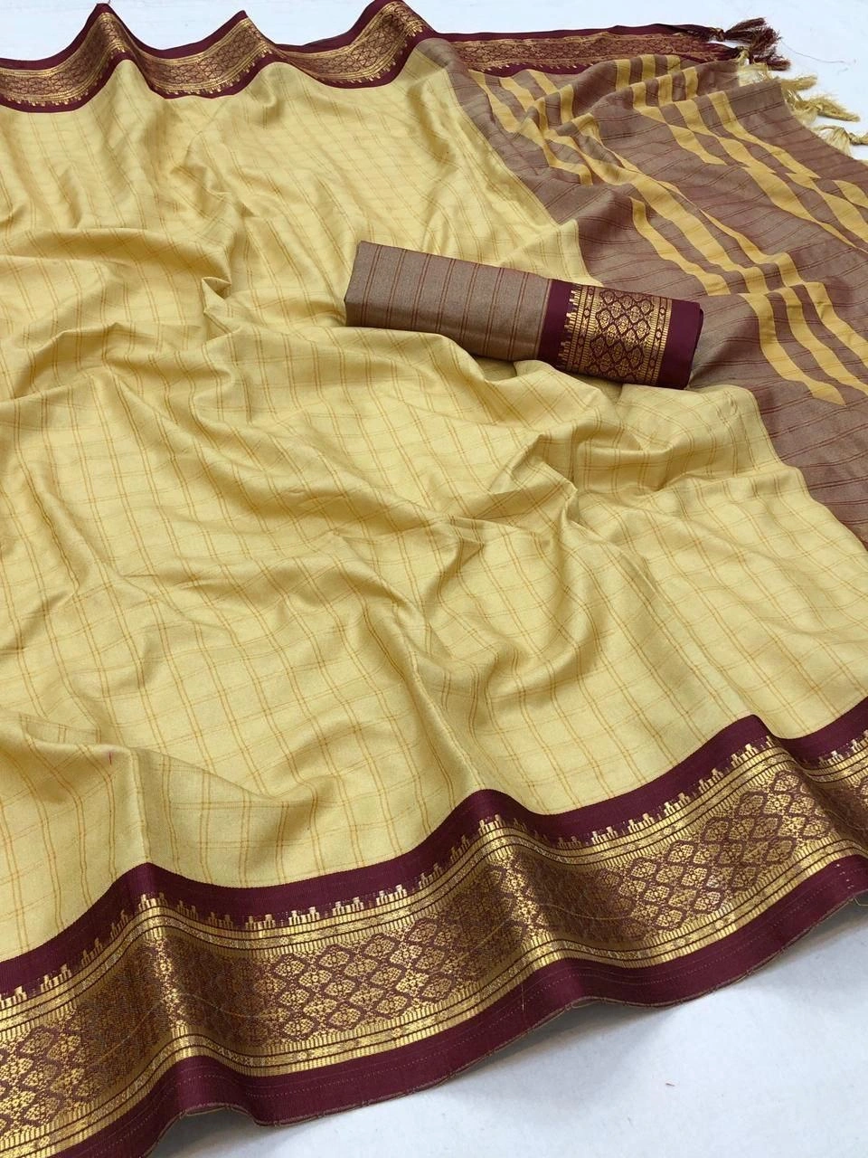 Heavy Cotton Silk Saree with Rich Jacquard Border and Blouse Piece - 6.3 Meters-NFA-COVID-2-Beige