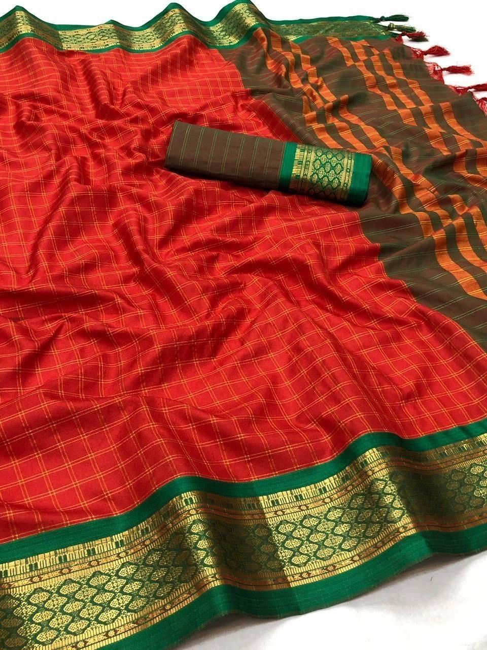 Heavy Cotton Silk Saree with Rich Jacquard Border and Blouse Piece - 6.3 Meters-NFA-COVID-2-Red