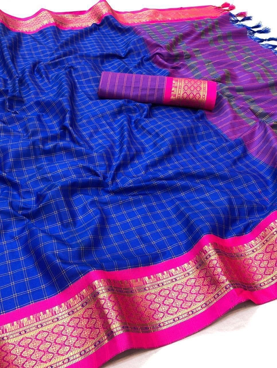 Heavy Cotton Silk Saree with Rich Jacquard Border and Blouse Piece - 6.3 Meters-Blue-1