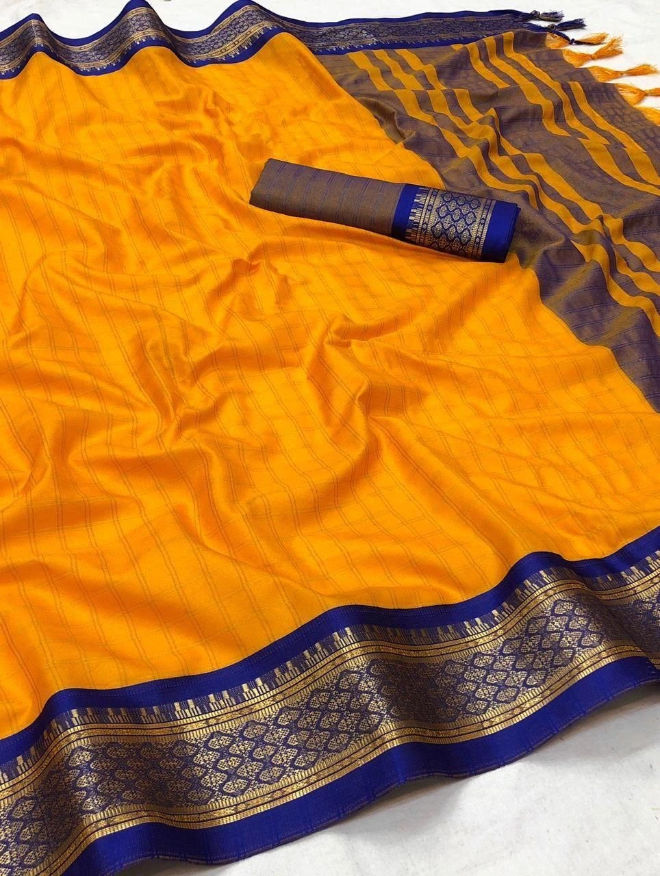 Heavy Cotton Silk Saree with Rich Jacquard Border and Blouse Piece - 6.3 Meters-Mustard-1