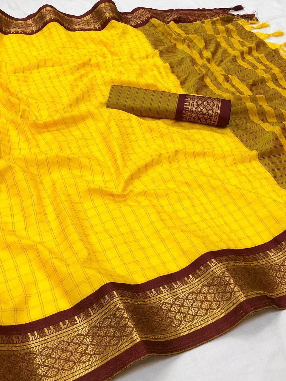 Heavy Cotton Silk Saree with Rich Jacquard Border and Blouse Piece - 6.3 Meters-NFA-COVID-2-Yellow