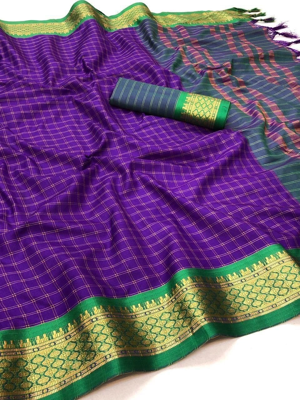 Heavy Cotton Silk Saree with Rich Jacquard Border and Blouse Piece - 6.3 Meters-Purple-1