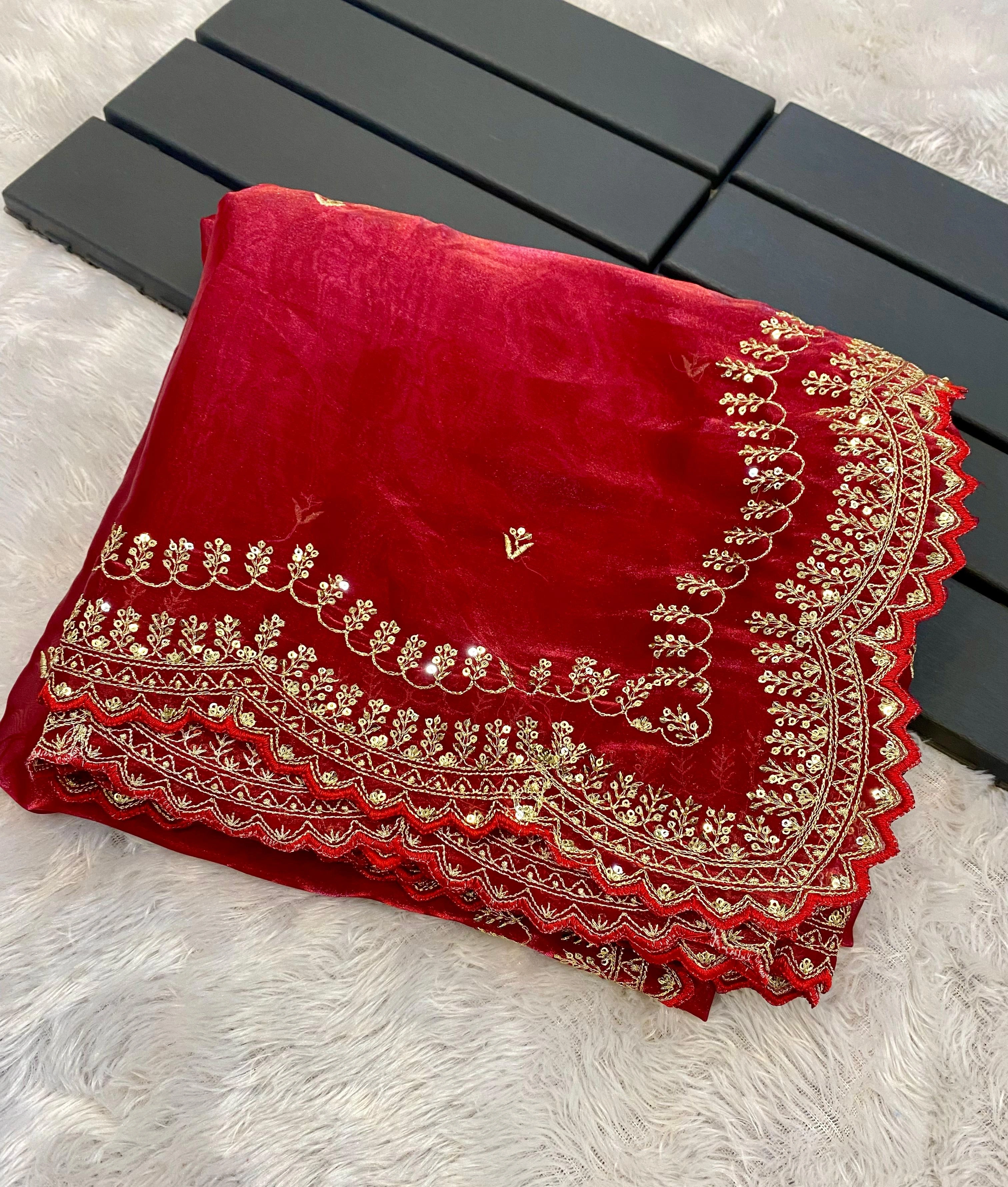 Pure Crystal Silk Jimmy Choo Saree: Embroidered, Sequined, and Exquisite!-RRS-37-Red