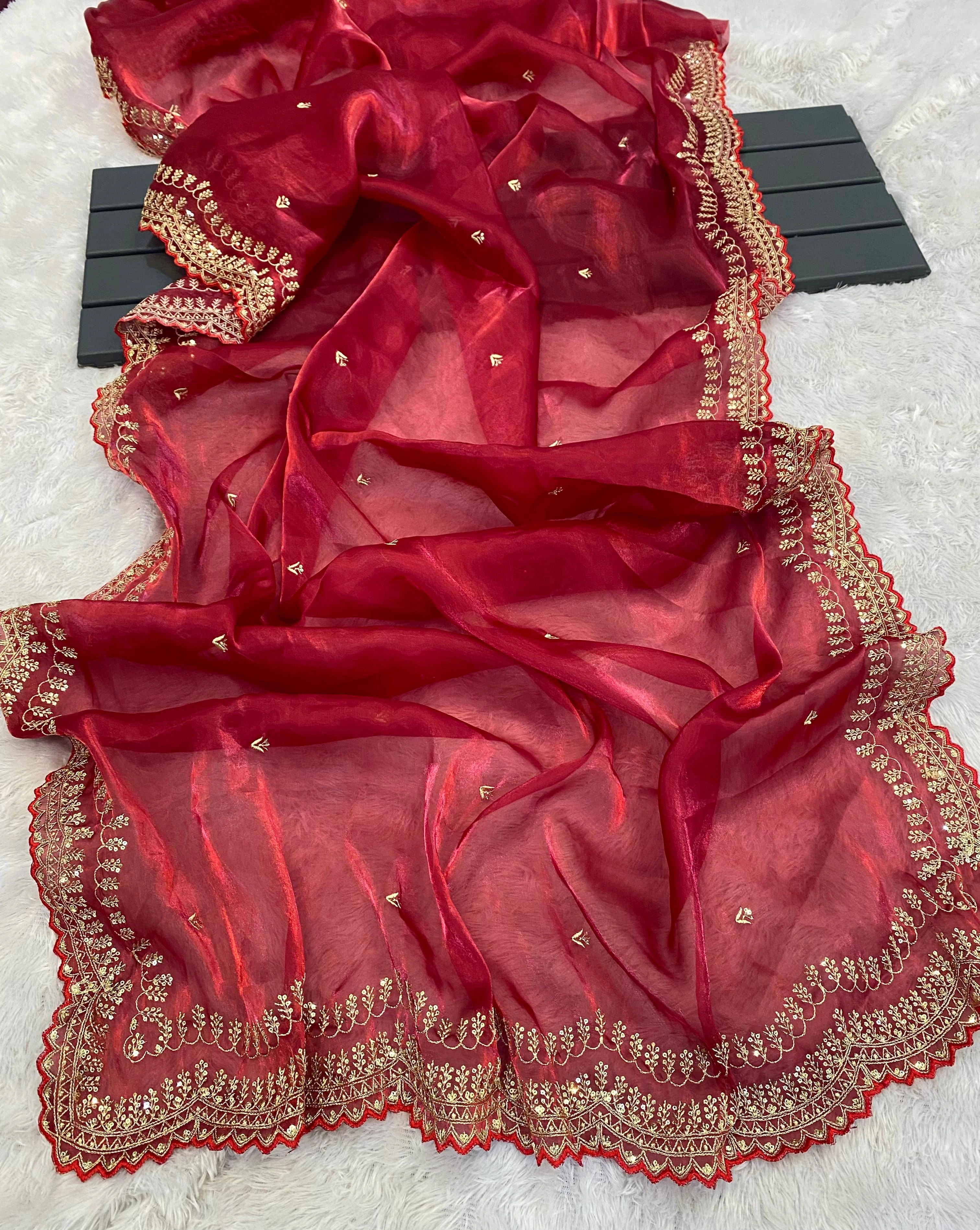 Pure Crystal Silk Jimmy Choo Saree: Embroidered, Sequined, and Exquisite!-Red-4