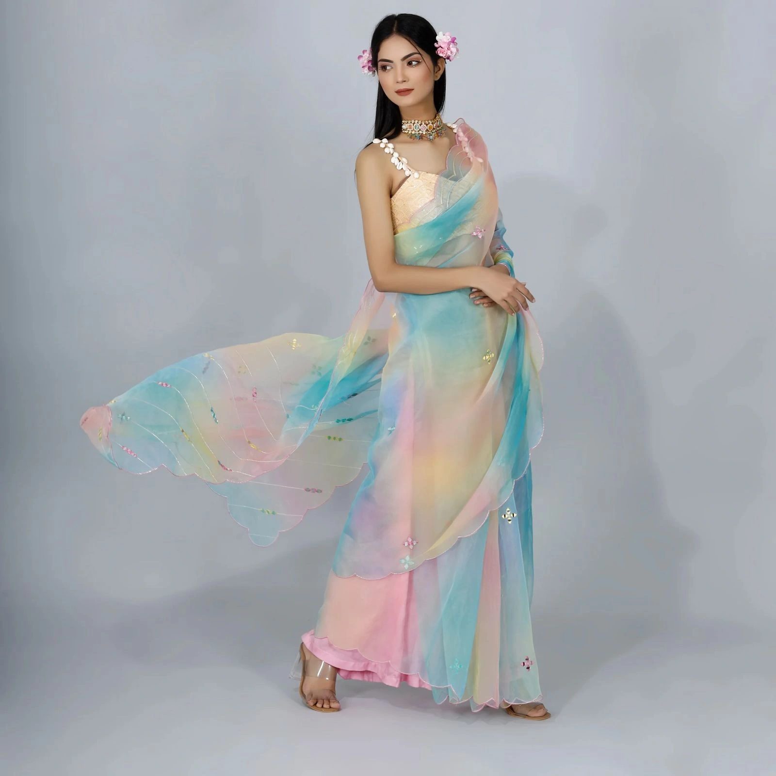 Rainbow Satin Organza Saree: Stunning Handwork &amp; Mirror Embellishments-Sky Blue-1