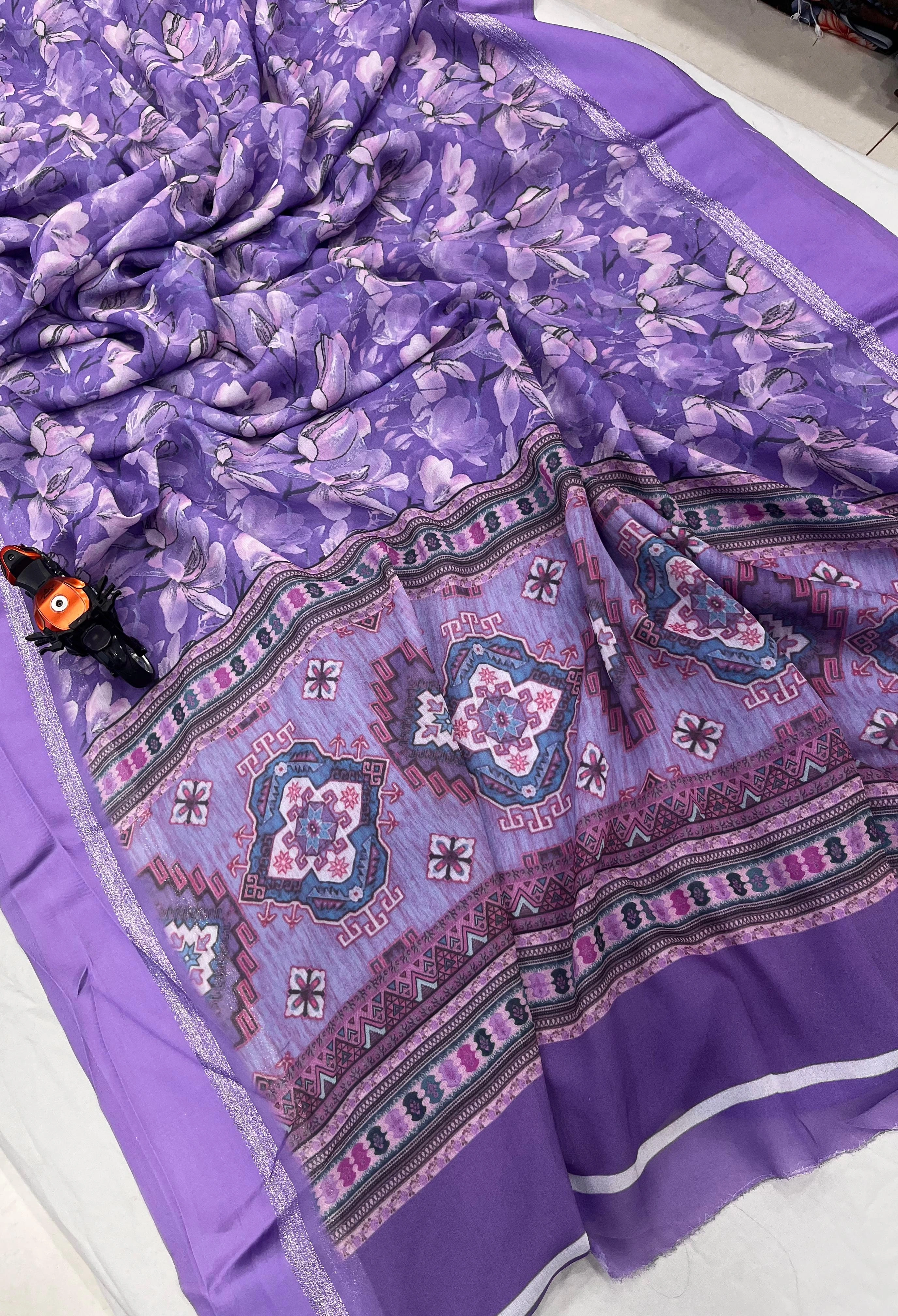 Lavender Silk Saree: Exquisite Design with Satin Pata Border-Lavender-1