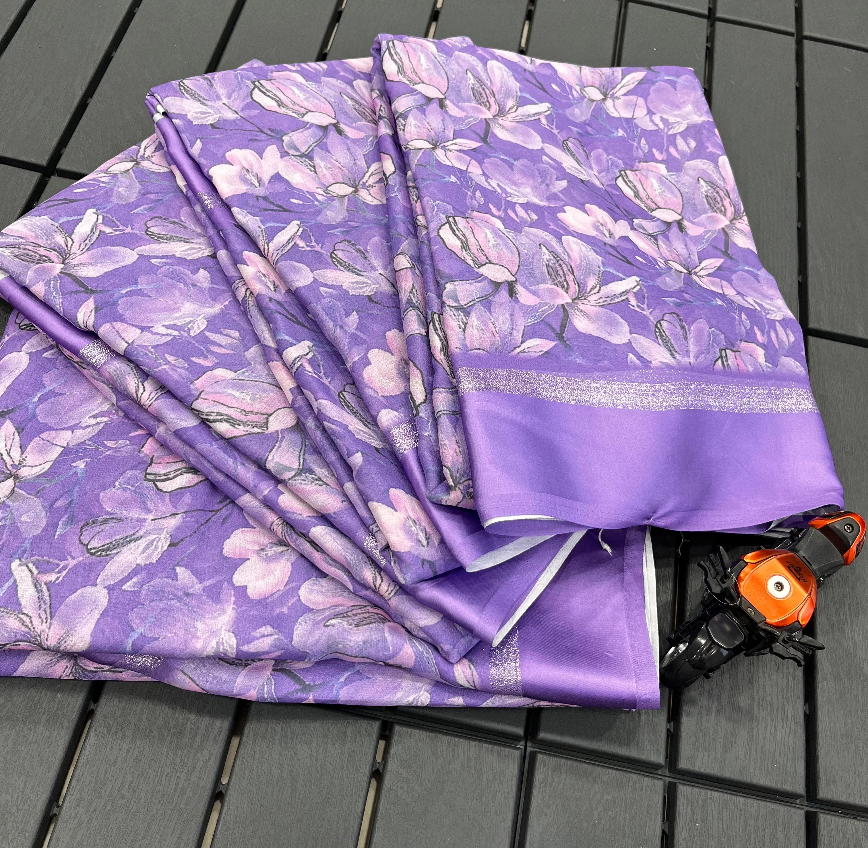 Lavender Silk Saree: Exquisite Design with Satin Pata Border-Lavender-2