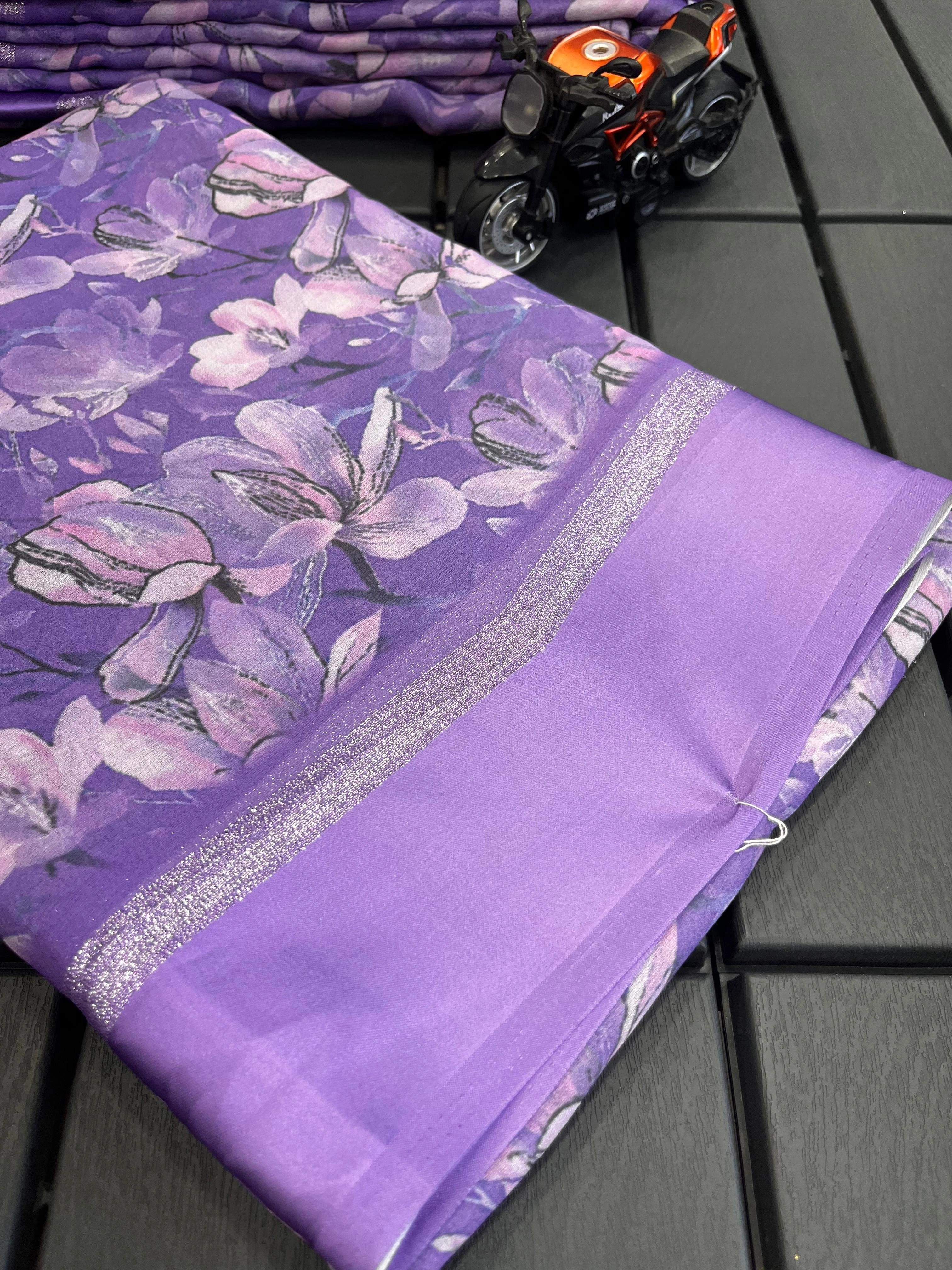 Lavender Silk Saree: Exquisite Design with Satin Pata Border-Lavender-3