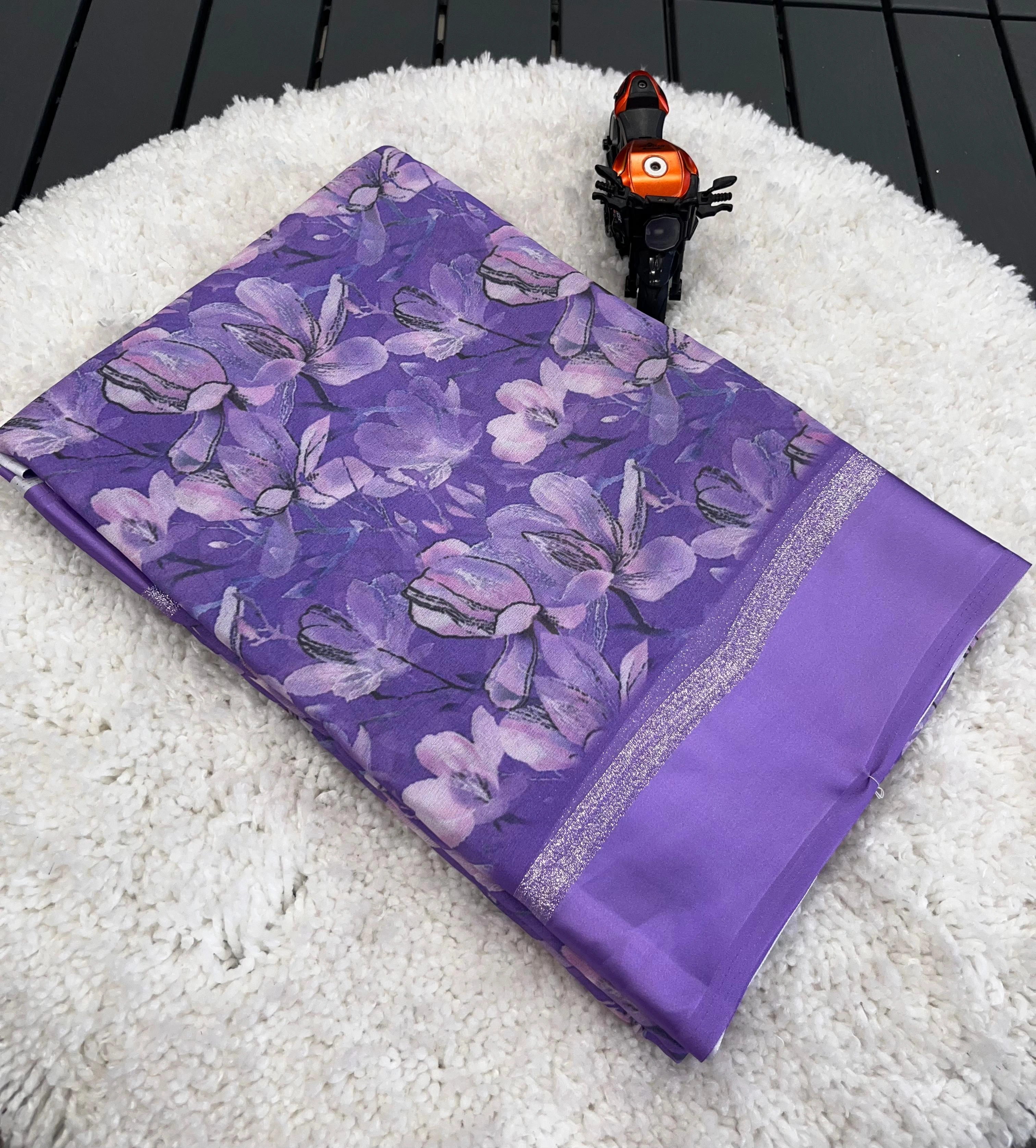 Lavender Silk Saree: Exquisite Design with Satin Pata Border-Lavender-4