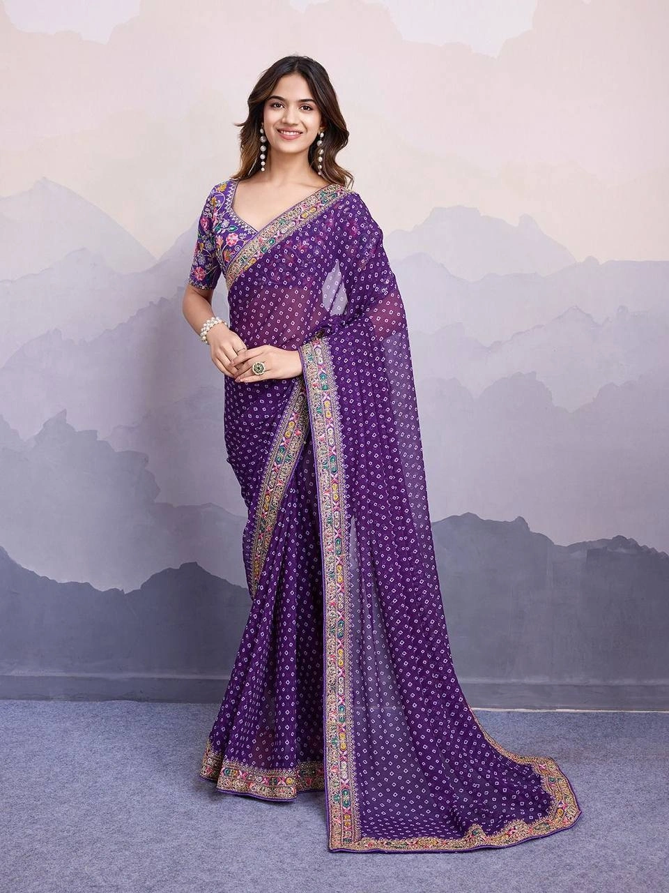 Sakhi Bandhej Sarees: Stunning Georgette Saree with Embroidery Work | 10 Colors-RVT-Sakhi-Wine