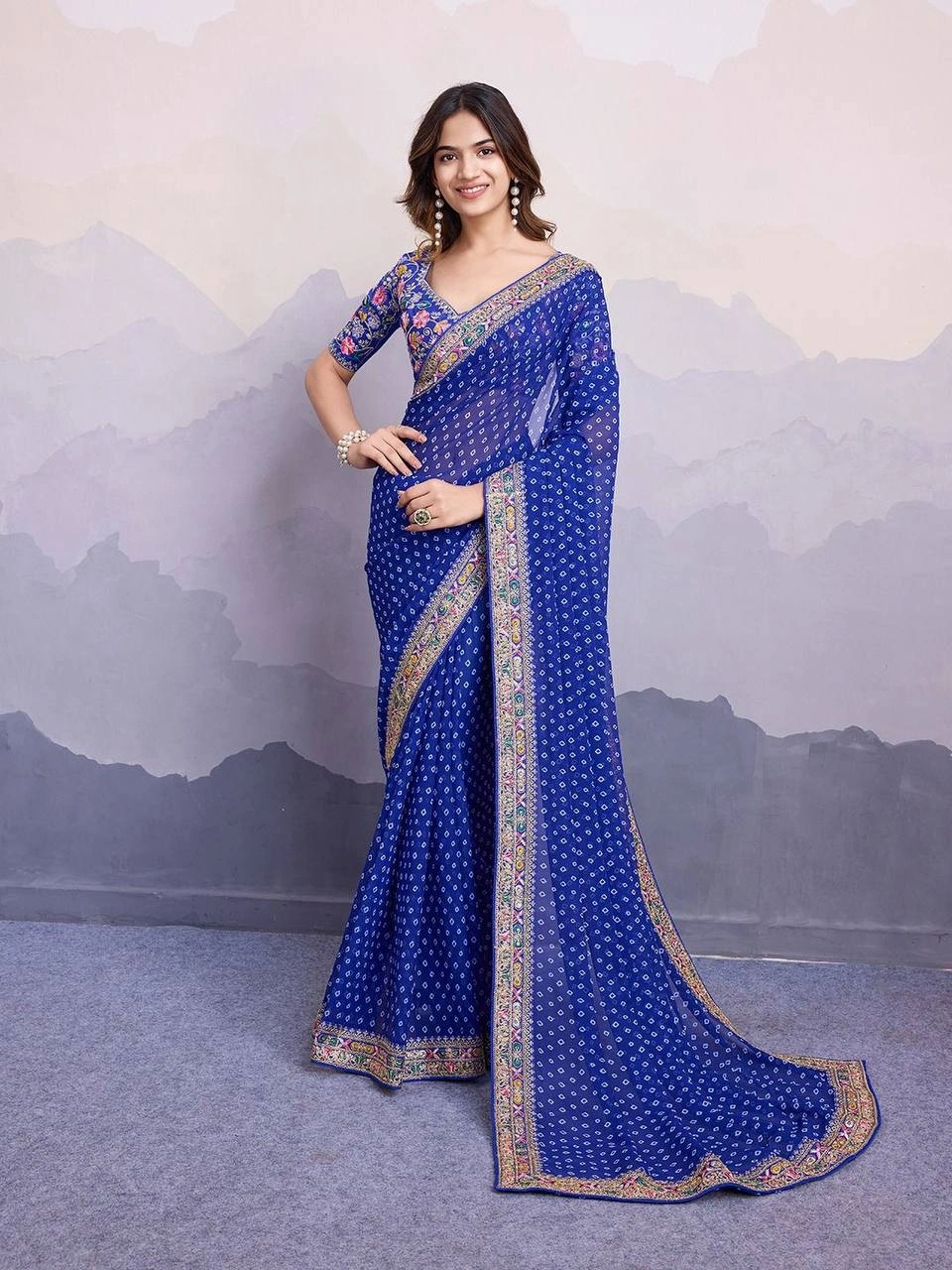 Sakhi Bandhej Sarees: Stunning Georgette Saree with Embroidery Work | 10 Colors-RVT-Sakhi-Blue