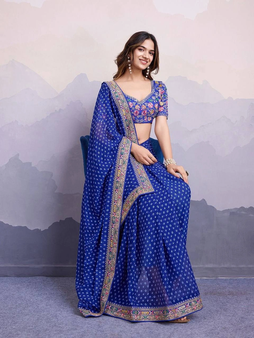 Sakhi Bandhej Sarees: Stunning Georgette Saree with Embroidery Work | 10 Colors-Blue-1