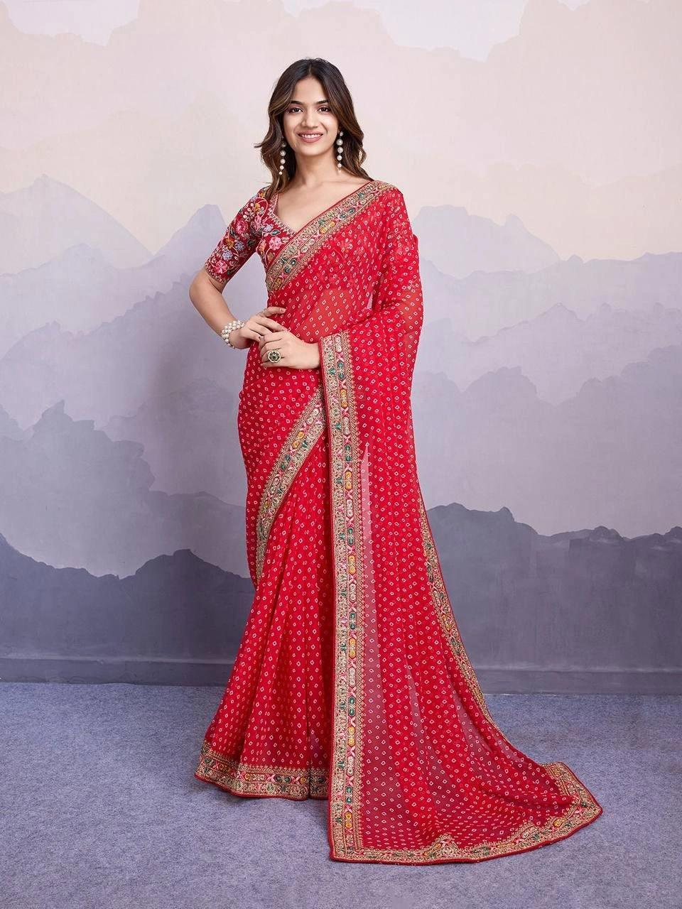 Sakhi Bandhej Sarees: Stunning Georgette Saree with Embroidery Work | 10 Colors-RVT-Sakhi-Red