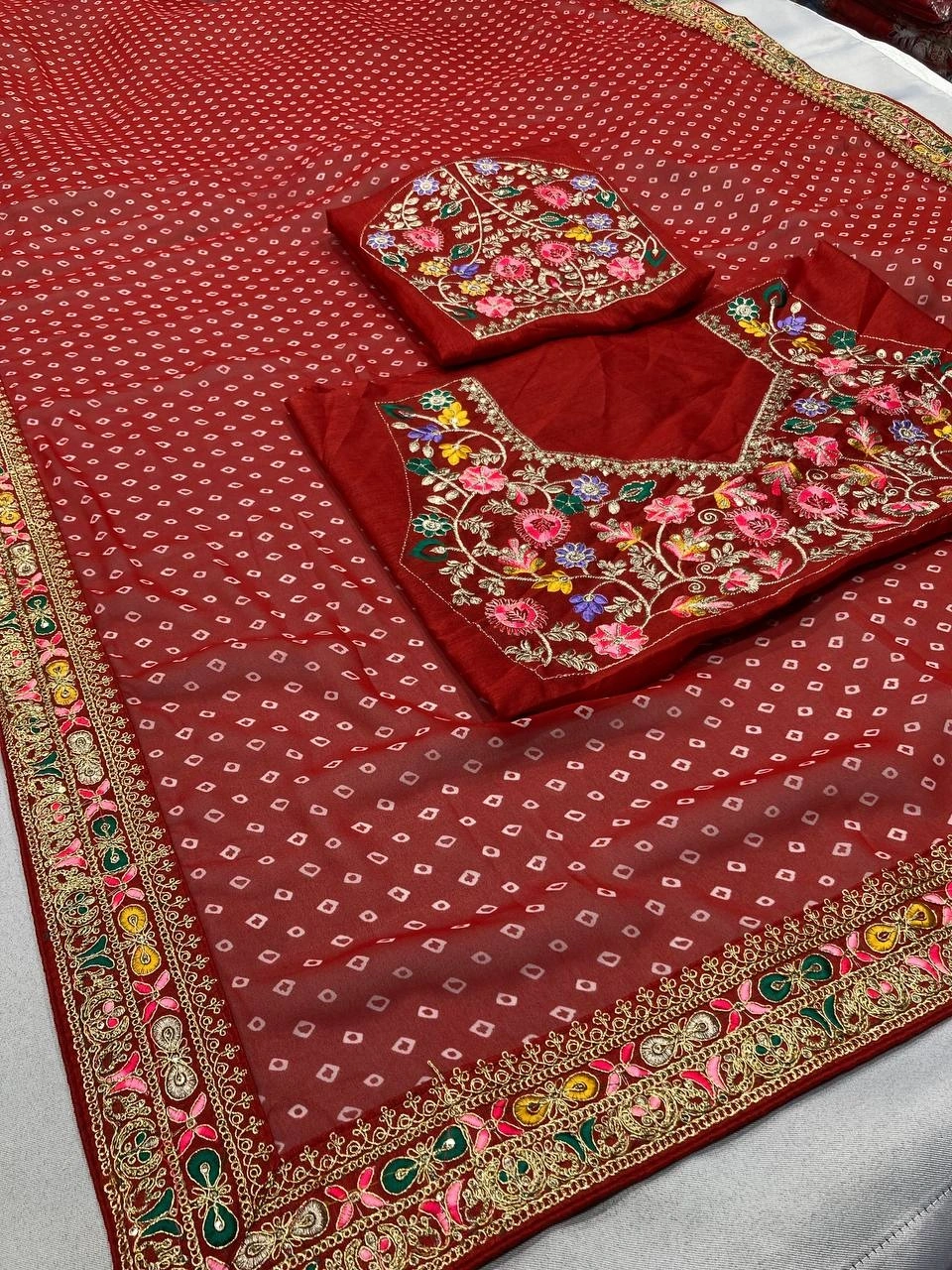 Sakhi Bandhej Sarees: Stunning Georgette Saree with Embroidery Work | 10 Colors-Red-4