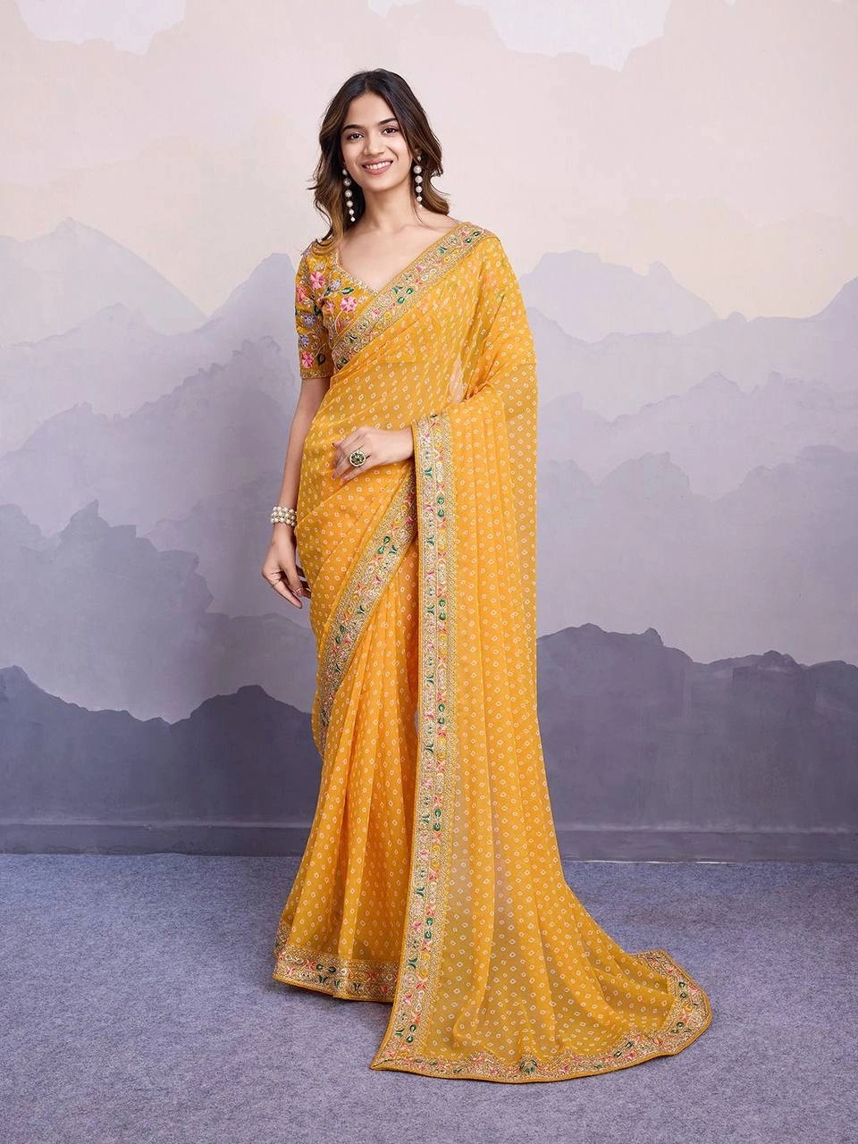 Sakhi Bandhej Sarees: Stunning Georgette Saree with Embroidery Work | 10 Colors-RVT-Sakhi-Yellow